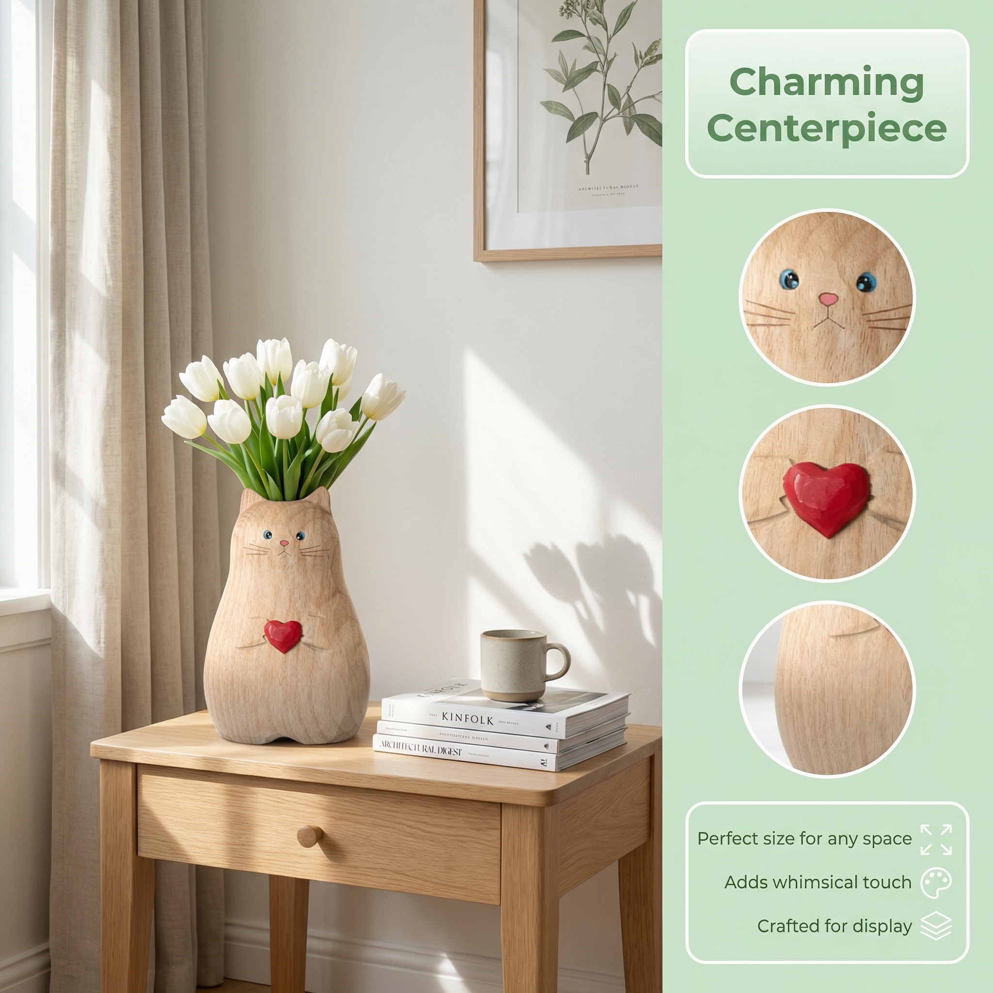 Cat Shaped Flower Vase with Red Heart