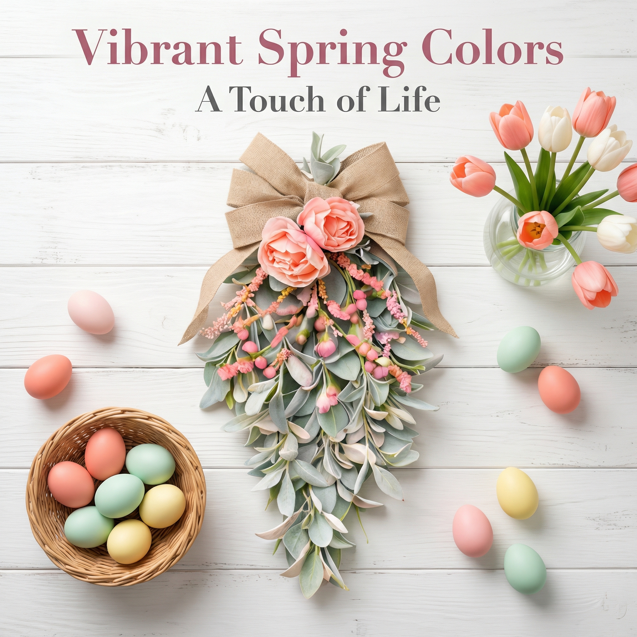 Spring Teardrop Floral Door Swag with Burlap Bow