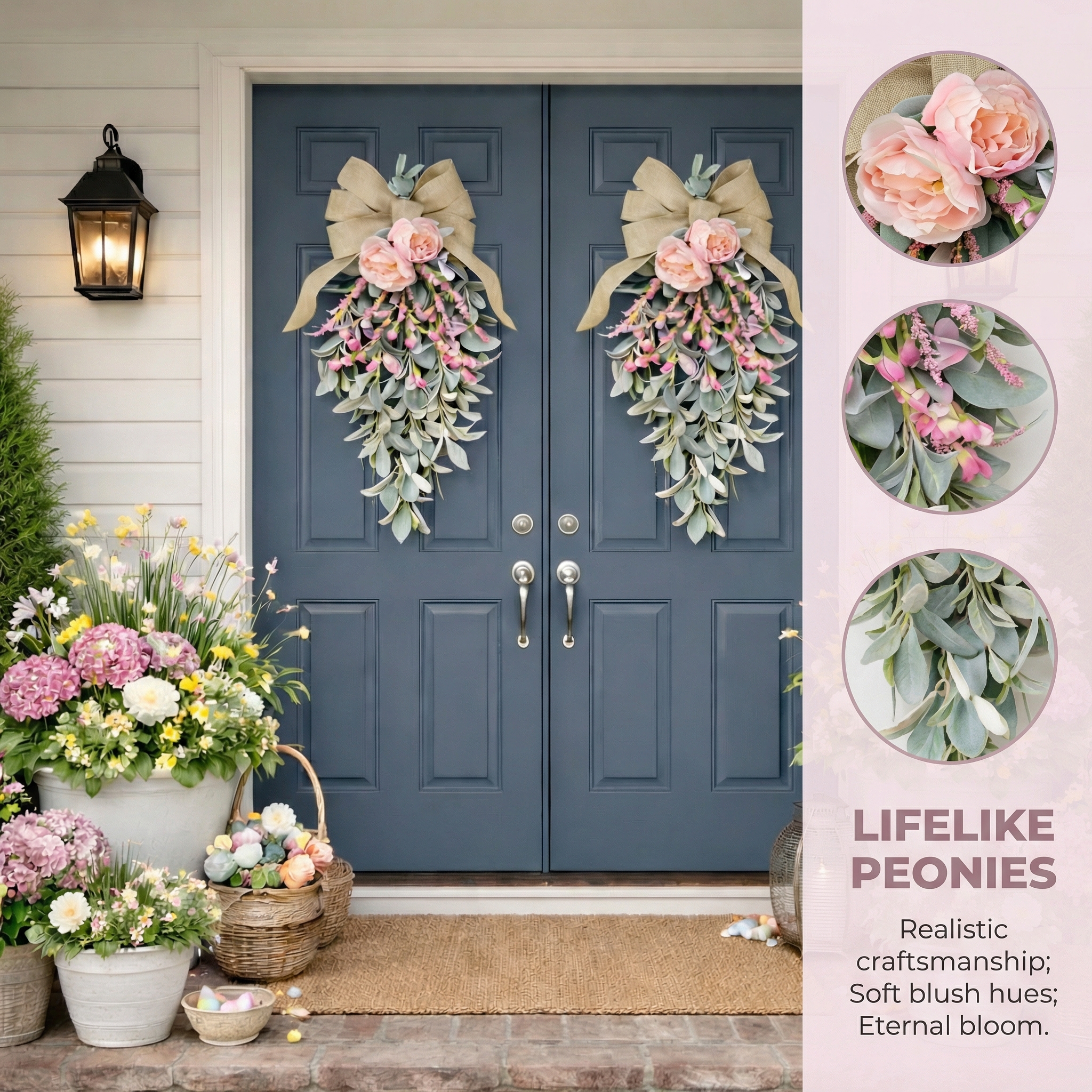 Spring Teardrop Floral Door Swag with Burlap Bow
