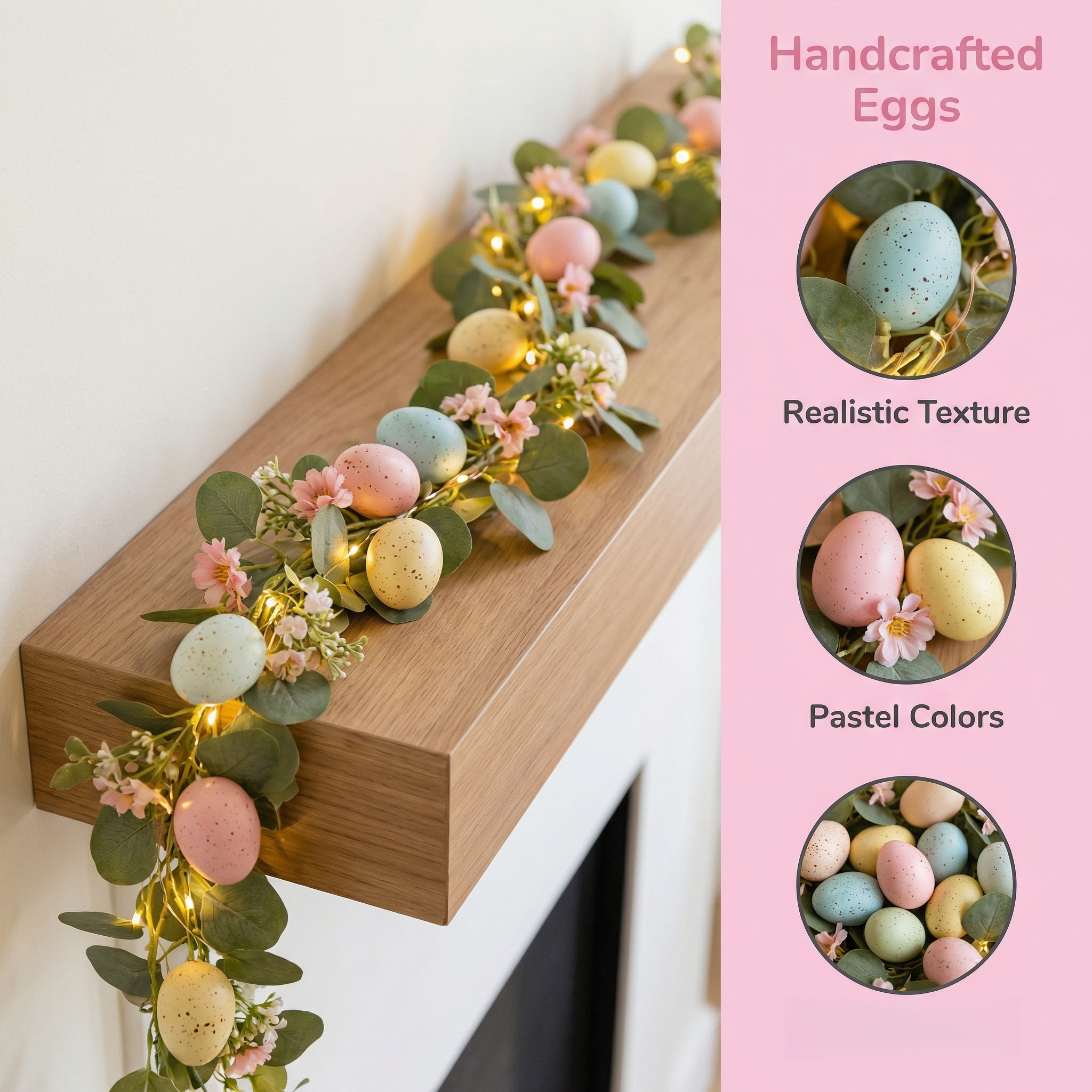5.6FT Artificial Spring Eucalyptus Vine Easter Egg Garland with LED Lights