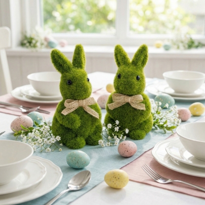Spring Green Flocked Easter Bunny Decor with Burlap Bows