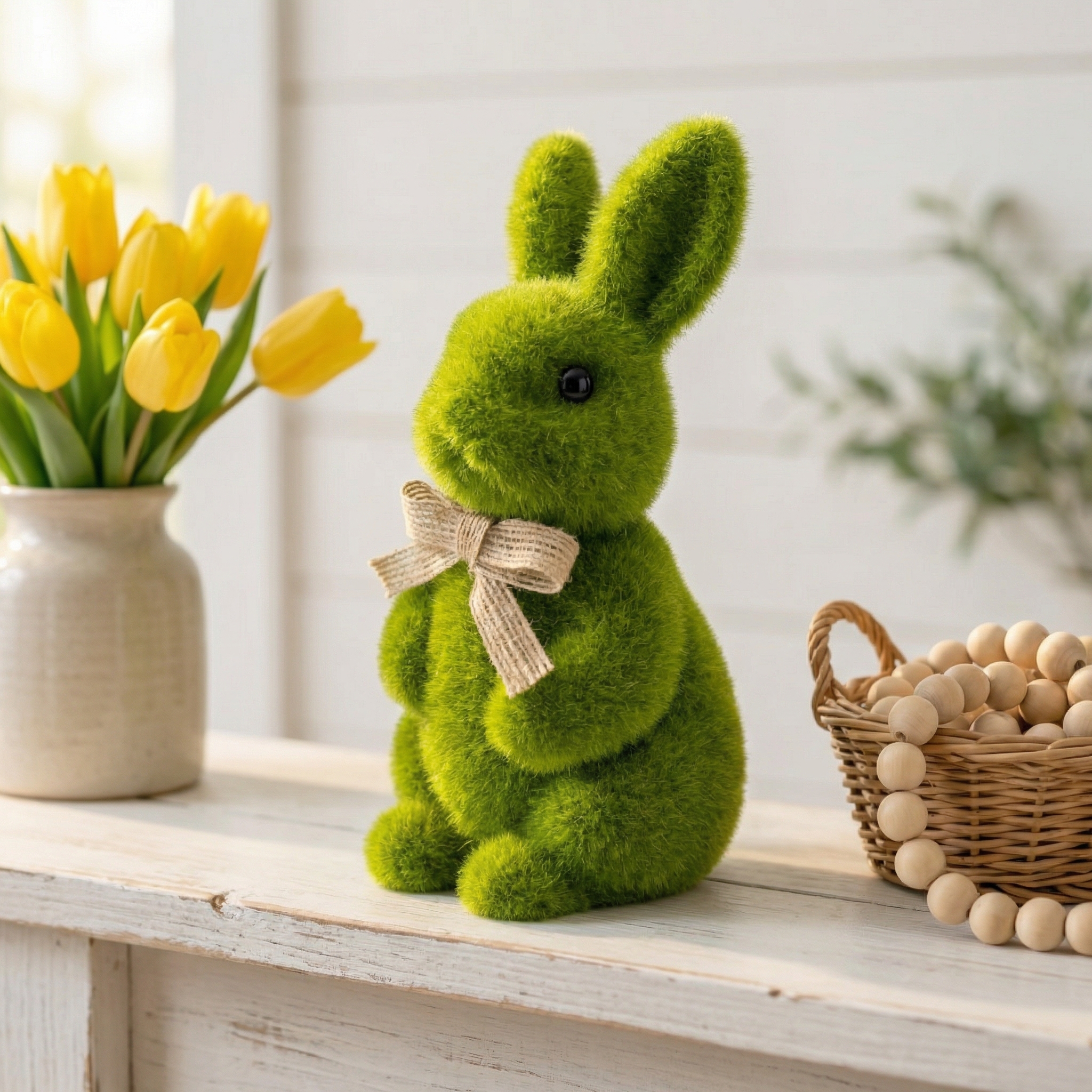 Spring Green Flocked Easter Bunny Decor with Burlap Bows