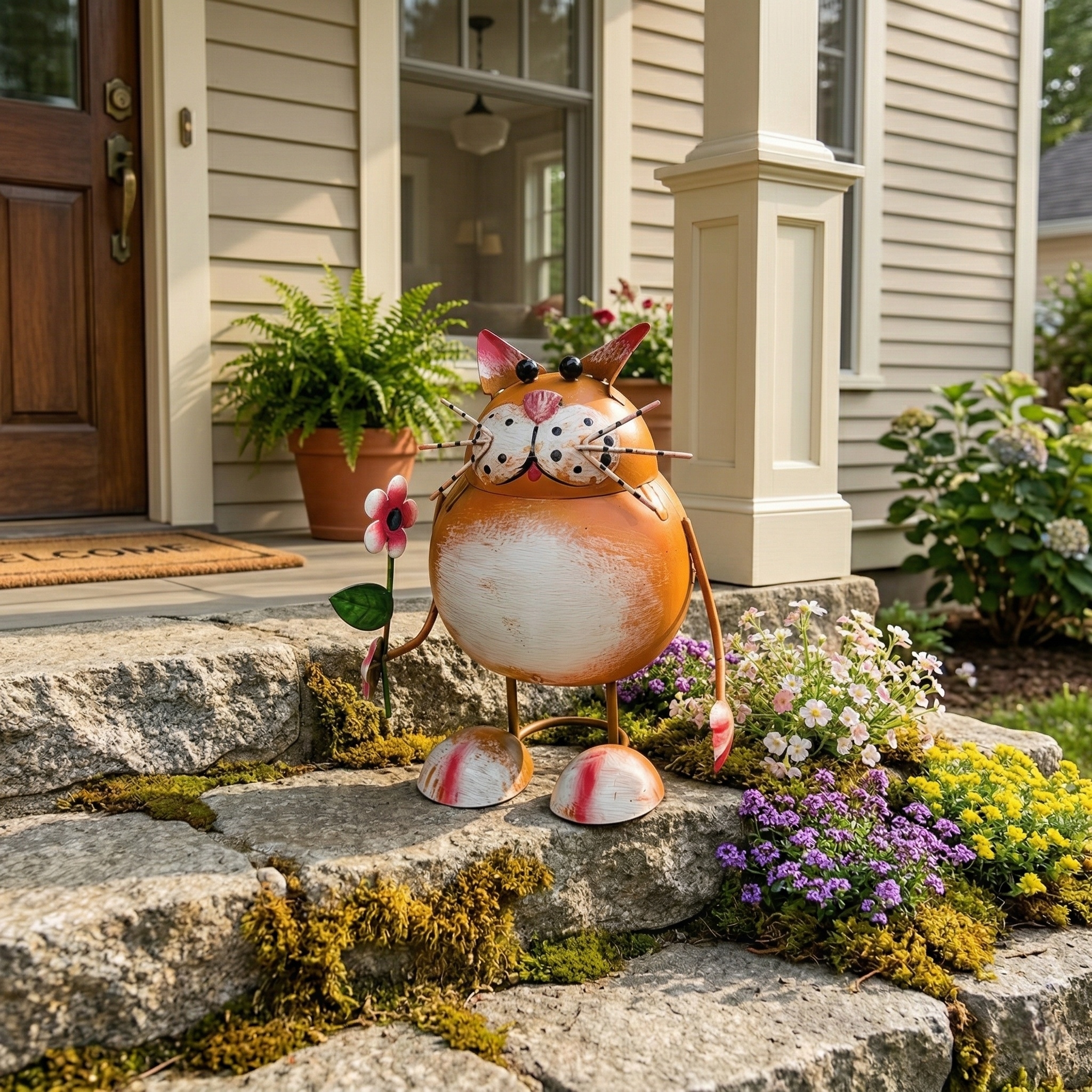 Whimsical Metal Cat Garden Statue with Flower