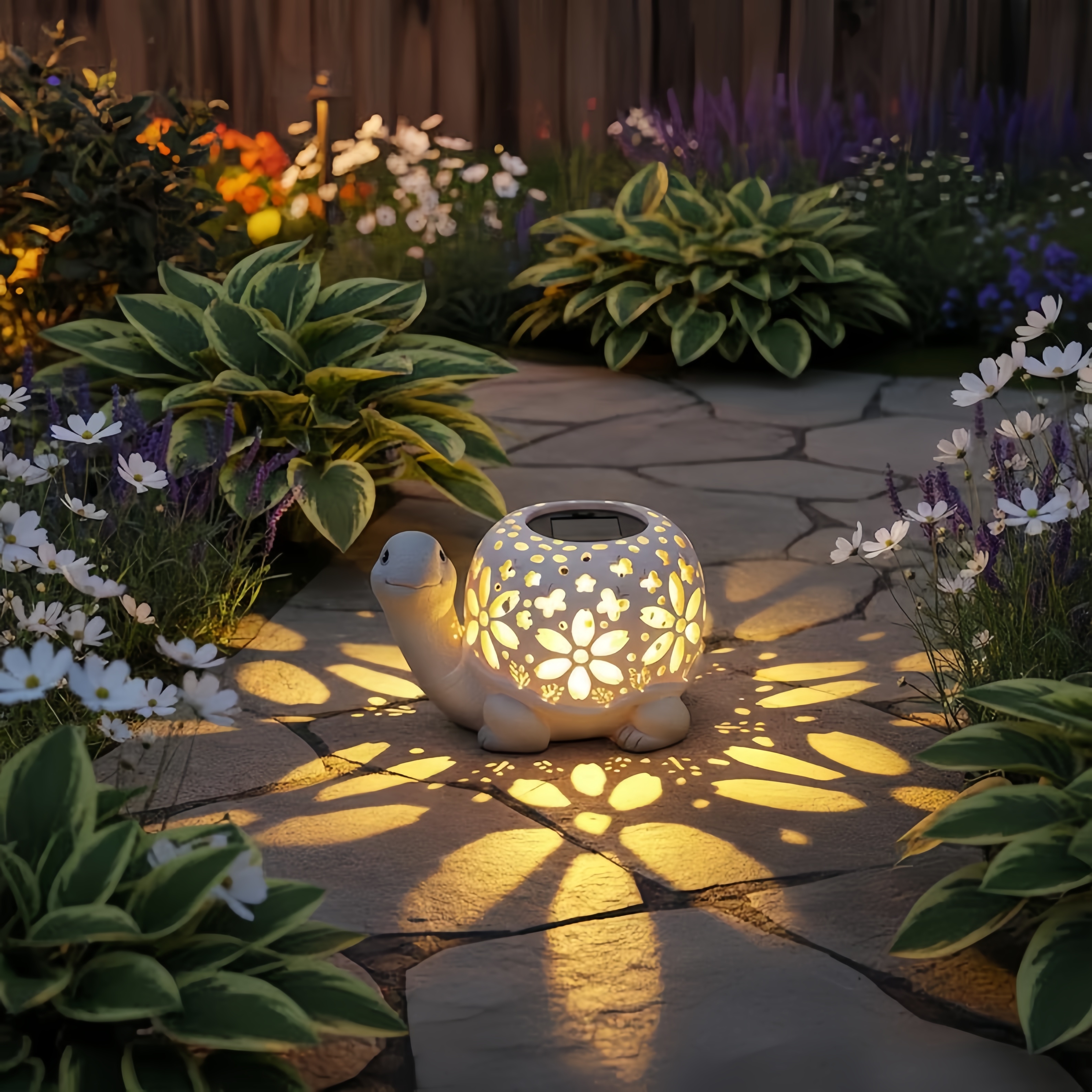 Turtle Glow Solar Garden Lantern With Floral Cutout Shell