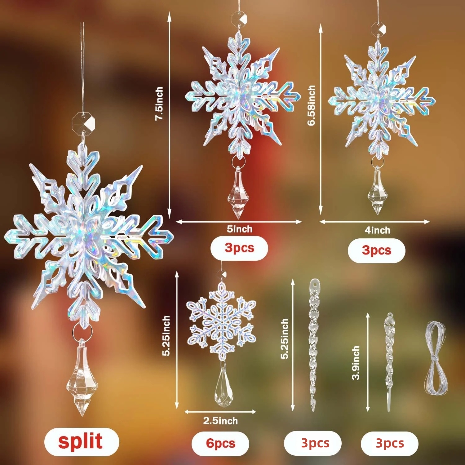 18Pcs Snowflake Hanging Drop Christmas Ornaments