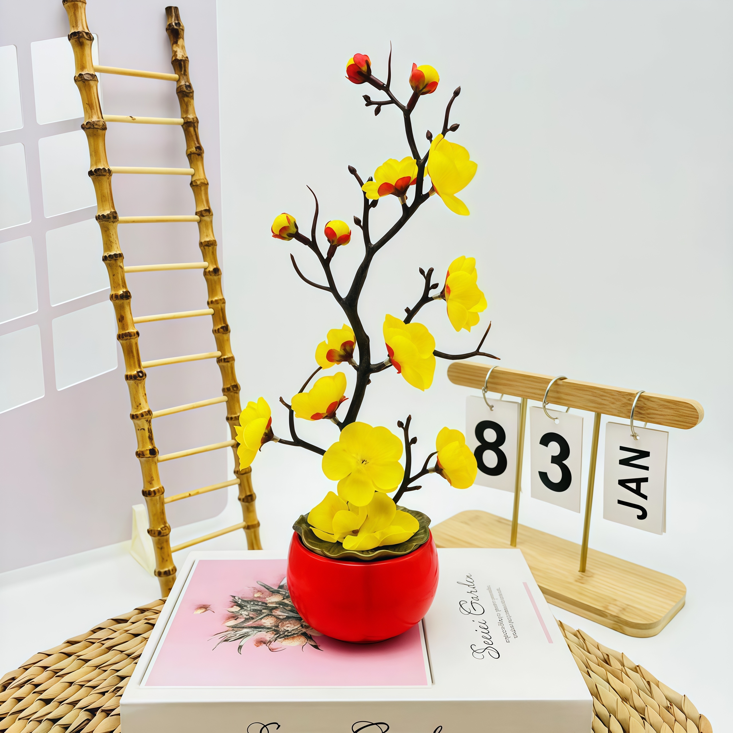 Artificial Plum Blossom Bonsai Tree in Red Pot