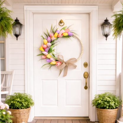 Spring Wood Bead Tulip Greenery Half Wreath with Burlap Bow