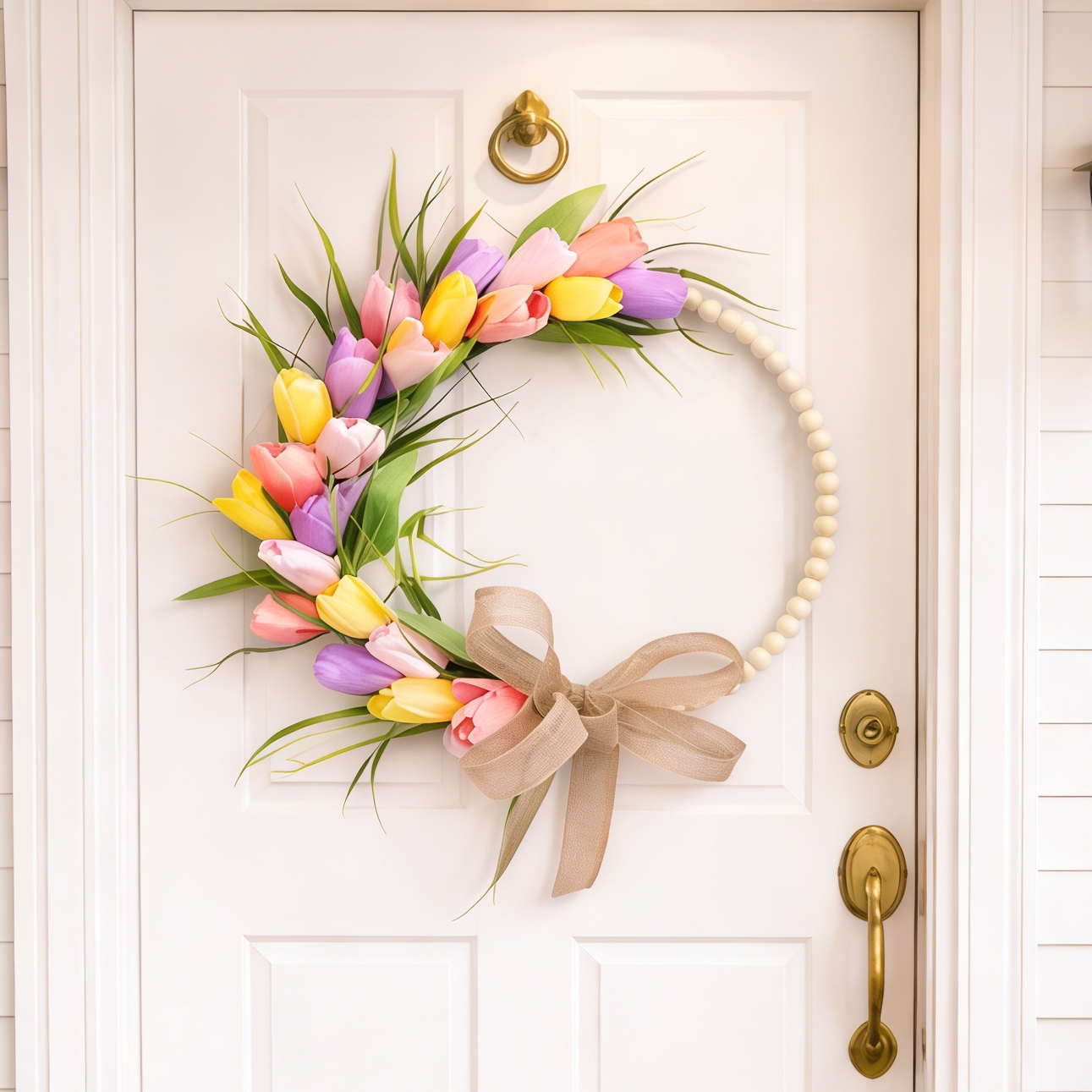 Spring Wood Bead Tulip Greenery Half Wreath with Burlap Bow