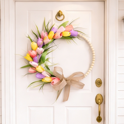 Spring Wood Bead Tulip Greenery Half Wreath with Burlap Bow