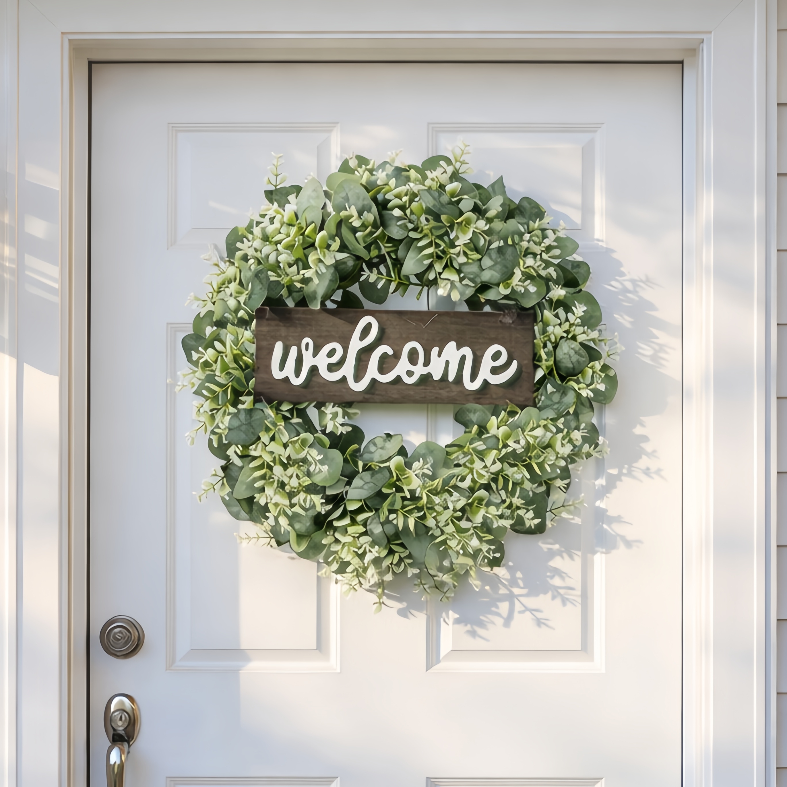 Artificial Eucalyptus Wreath with Wooden Welcome Sign