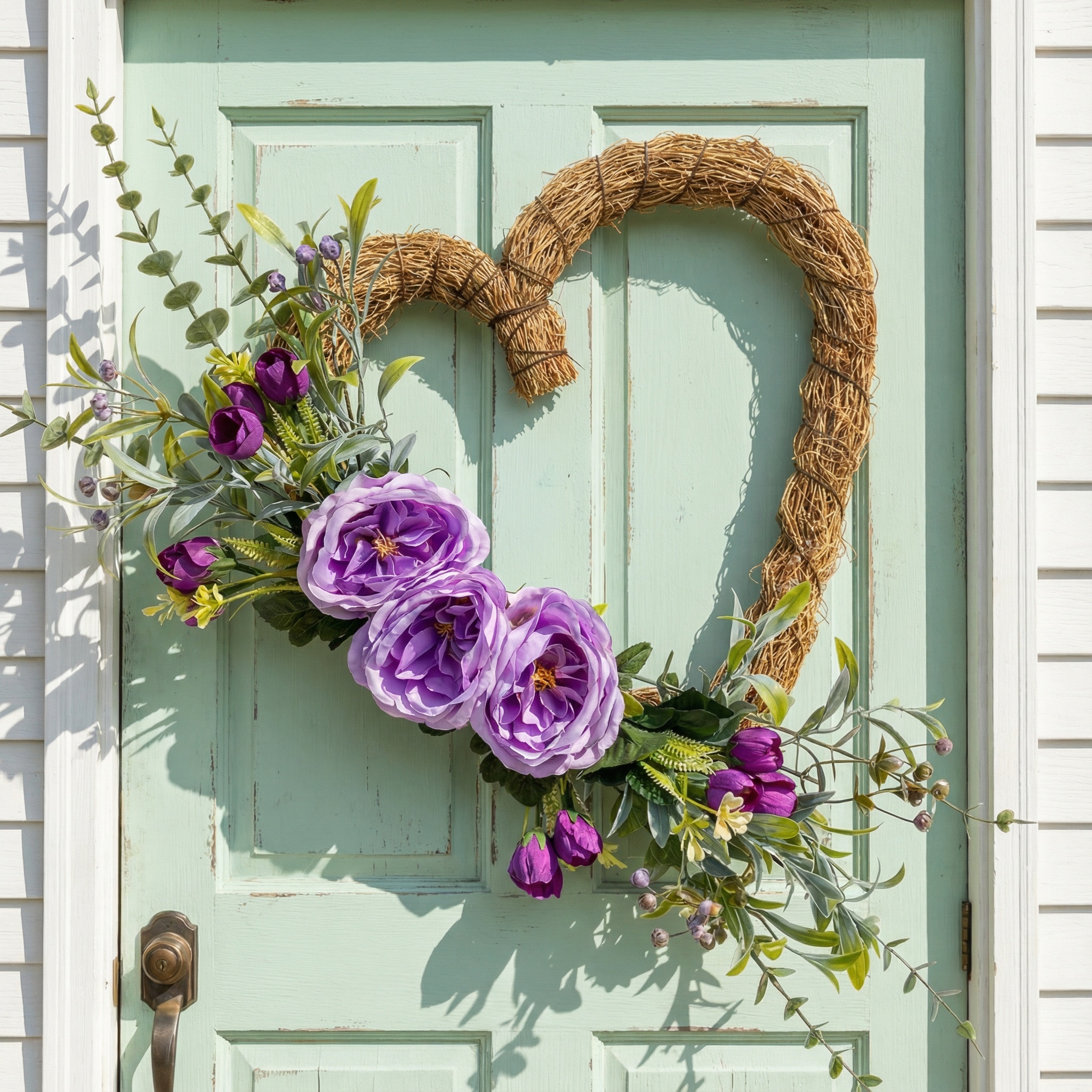 Handmade Heart-Shaped Rattan Wreath with Silk Peony Flowers