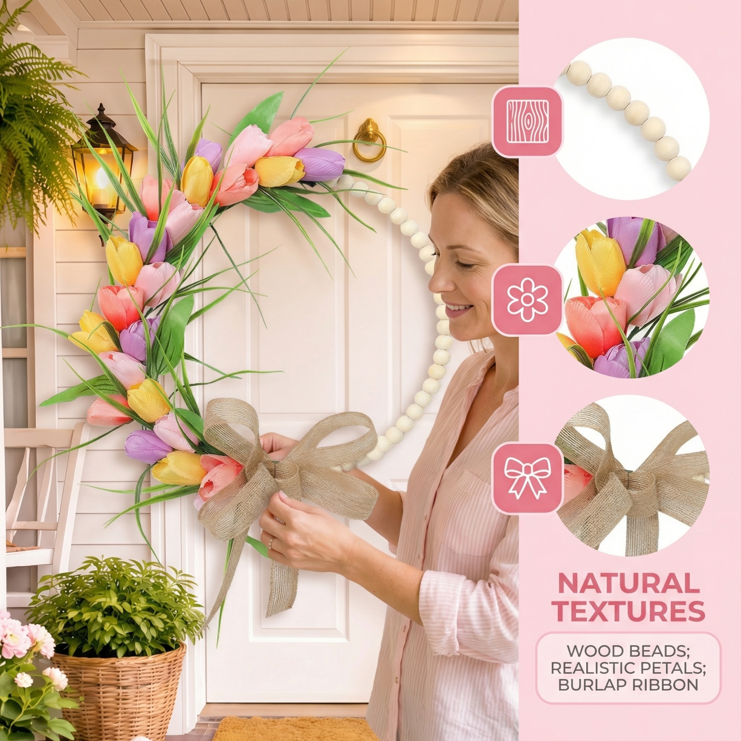Spring Wood Bead Tulip Greenery Half Wreath with Burlap Bow