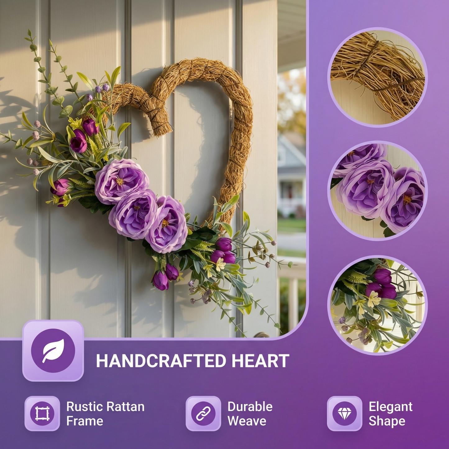 Handmade Heart-Shaped Rattan Wreath with Silk Peony Flowers