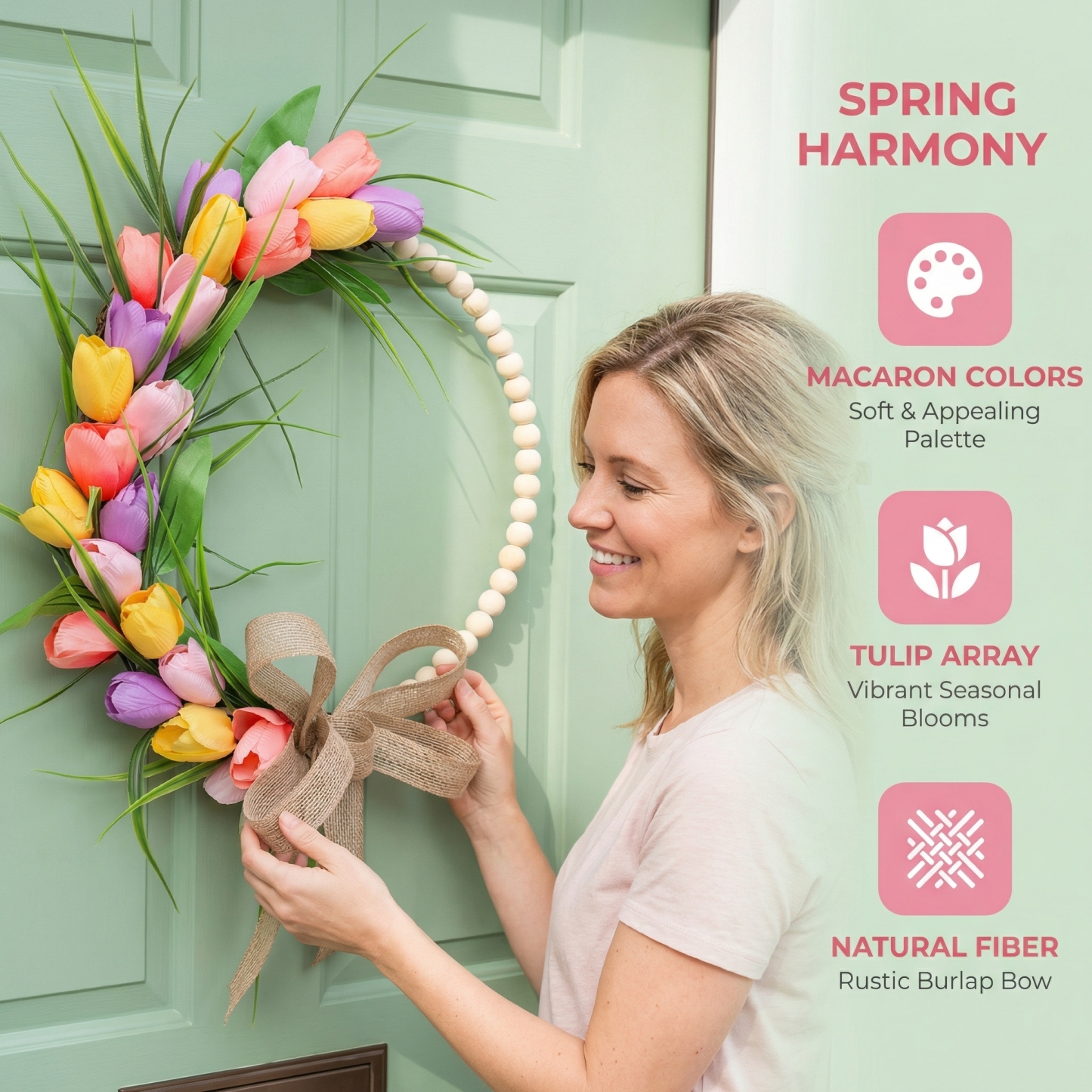 Spring Wood Bead Tulip Greenery Half Wreath with Burlap Bow