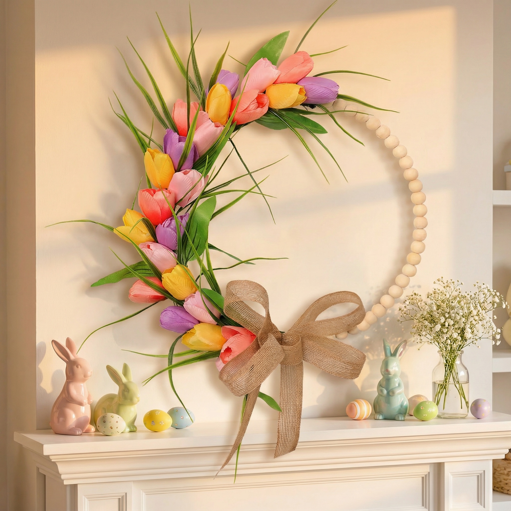 Spring Wood Bead Tulip Greenery Half Wreath with Burlap Bow