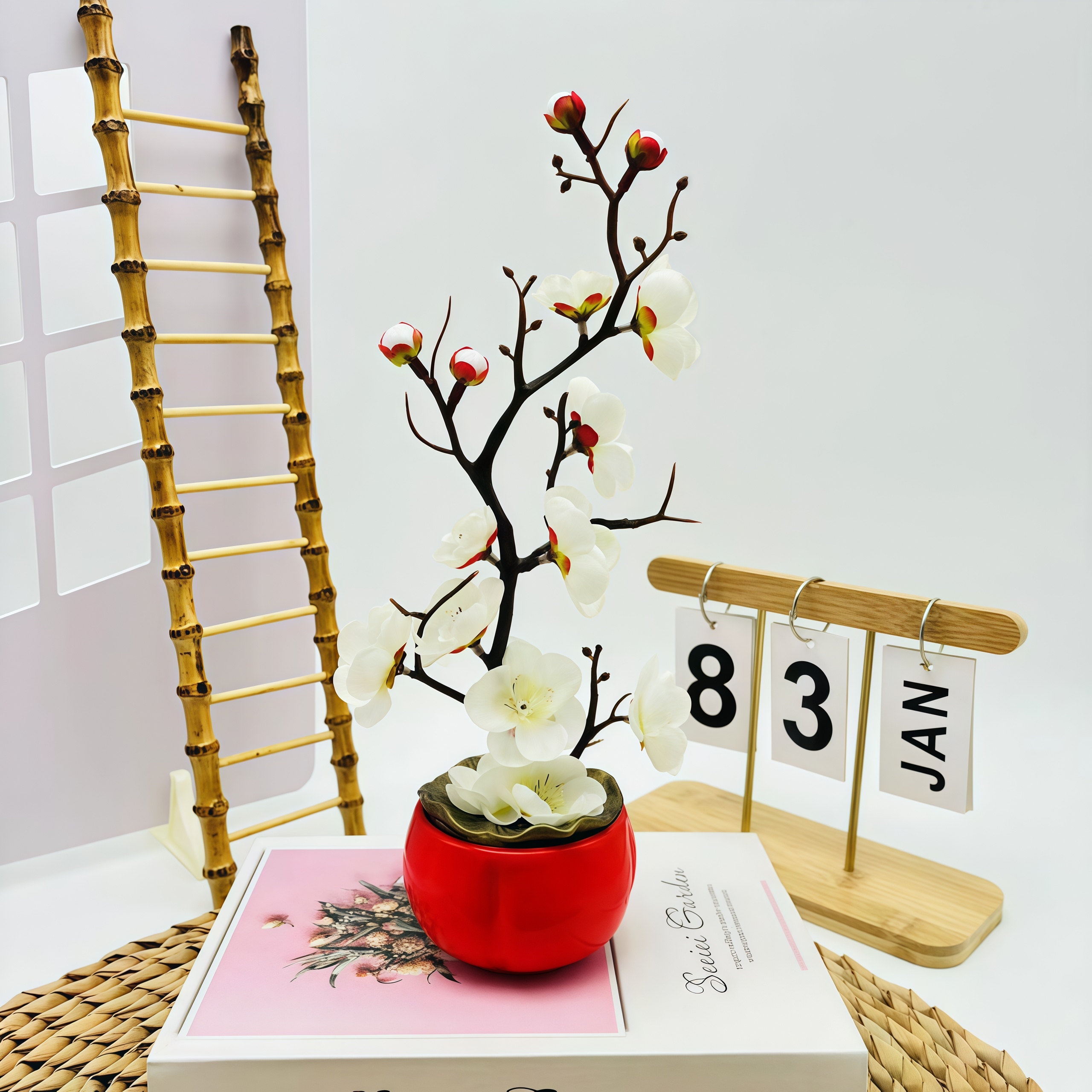 Artificial Plum Blossom Bonsai Tree in Red Pot