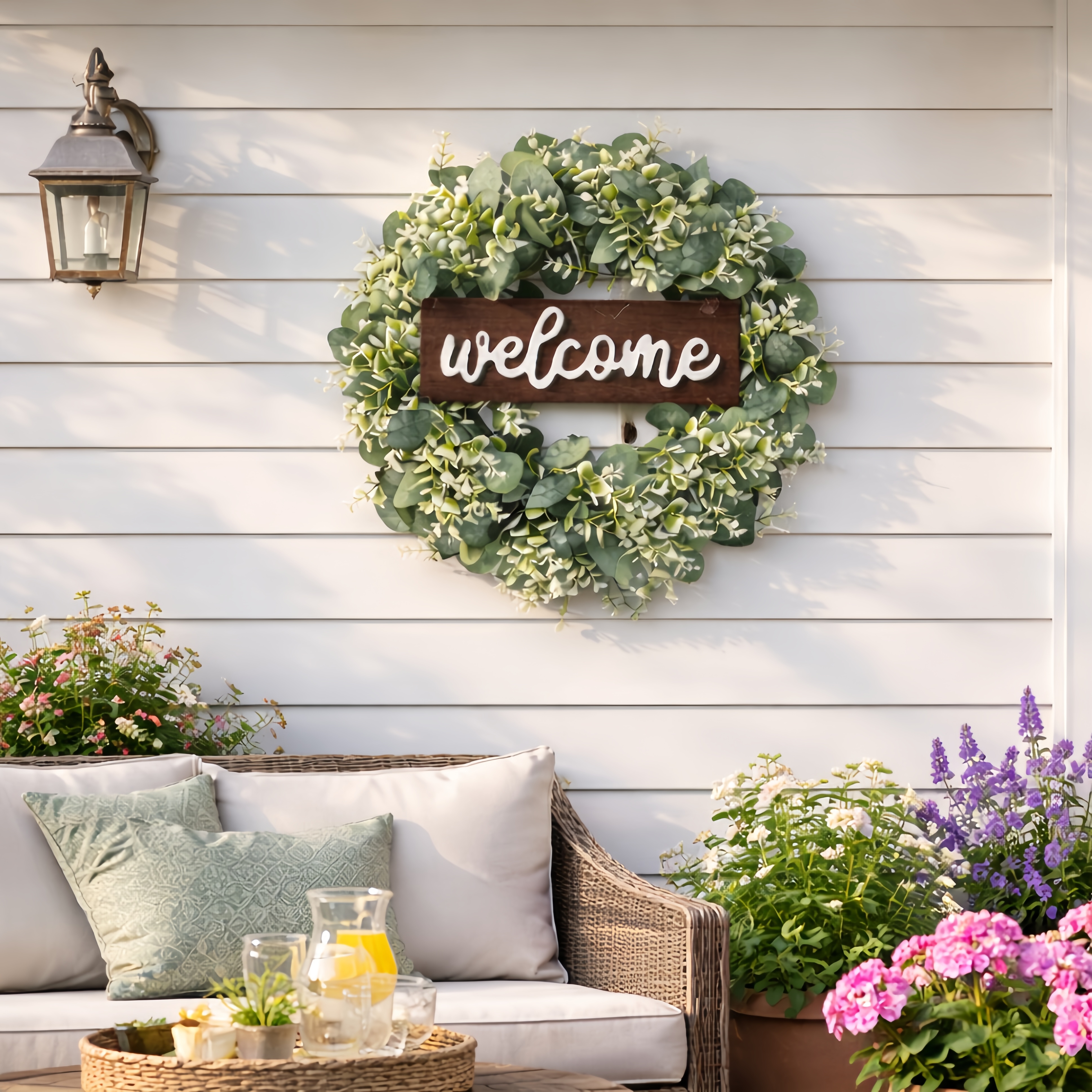 Artificial Eucalyptus Wreath with Wooden Welcome Sign