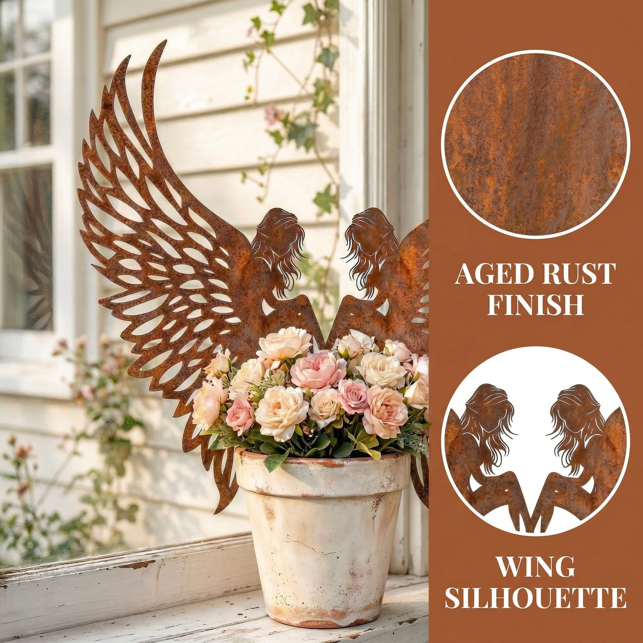 Distressed Rust Metal Angel Wing Planter Accent Pair