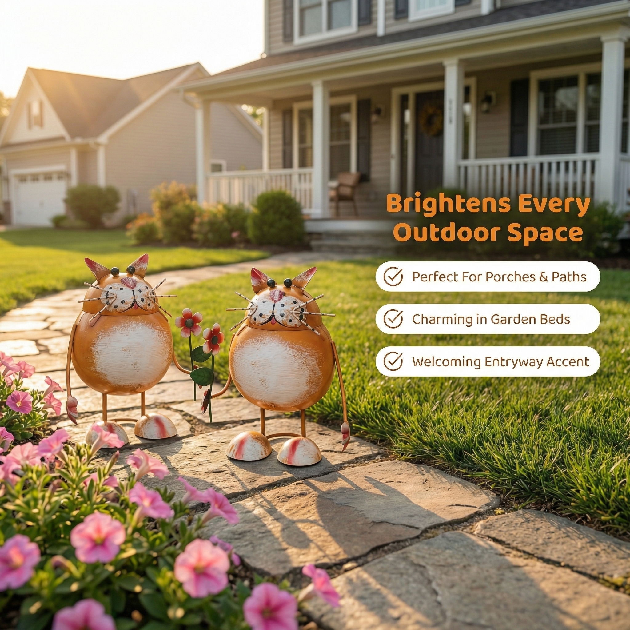 Whimsical Metal Cat Garden Statue with Flower