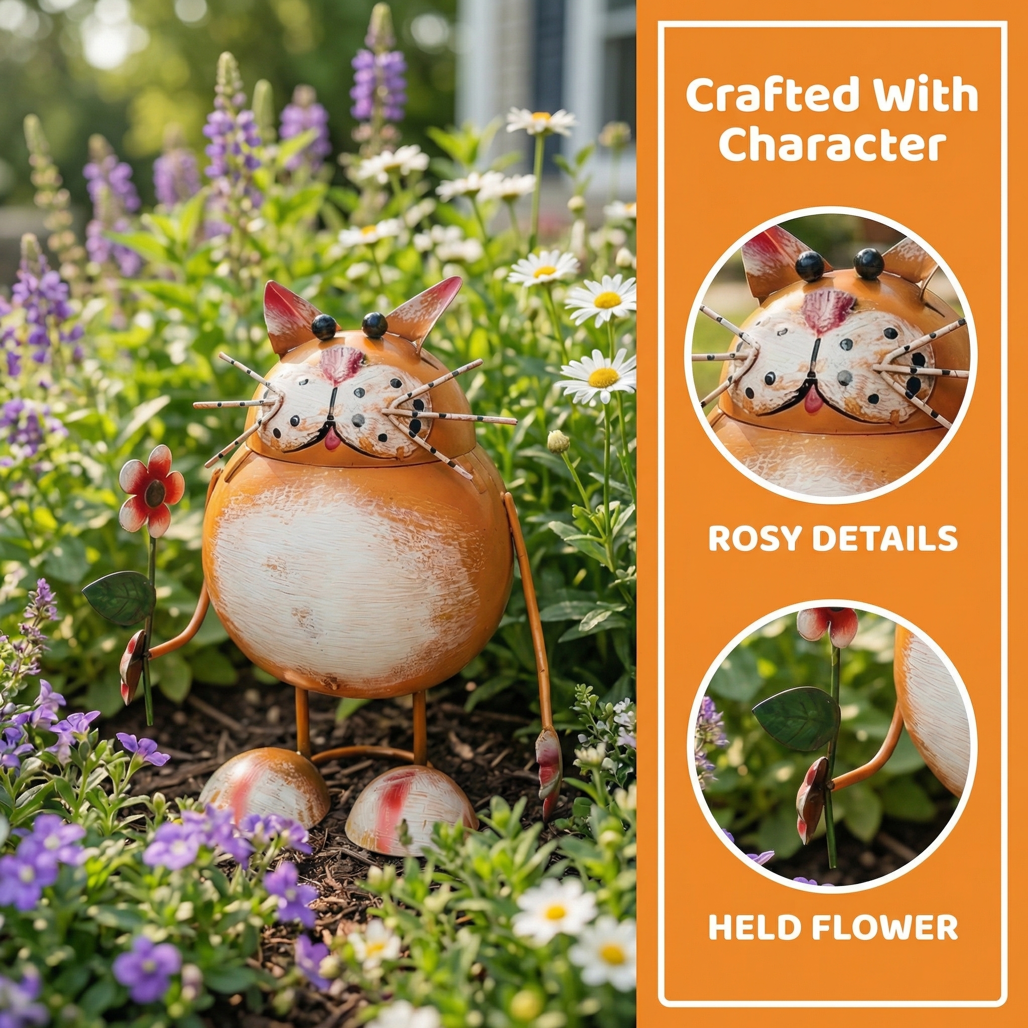 Whimsical Metal Cat Garden Statue with Flower