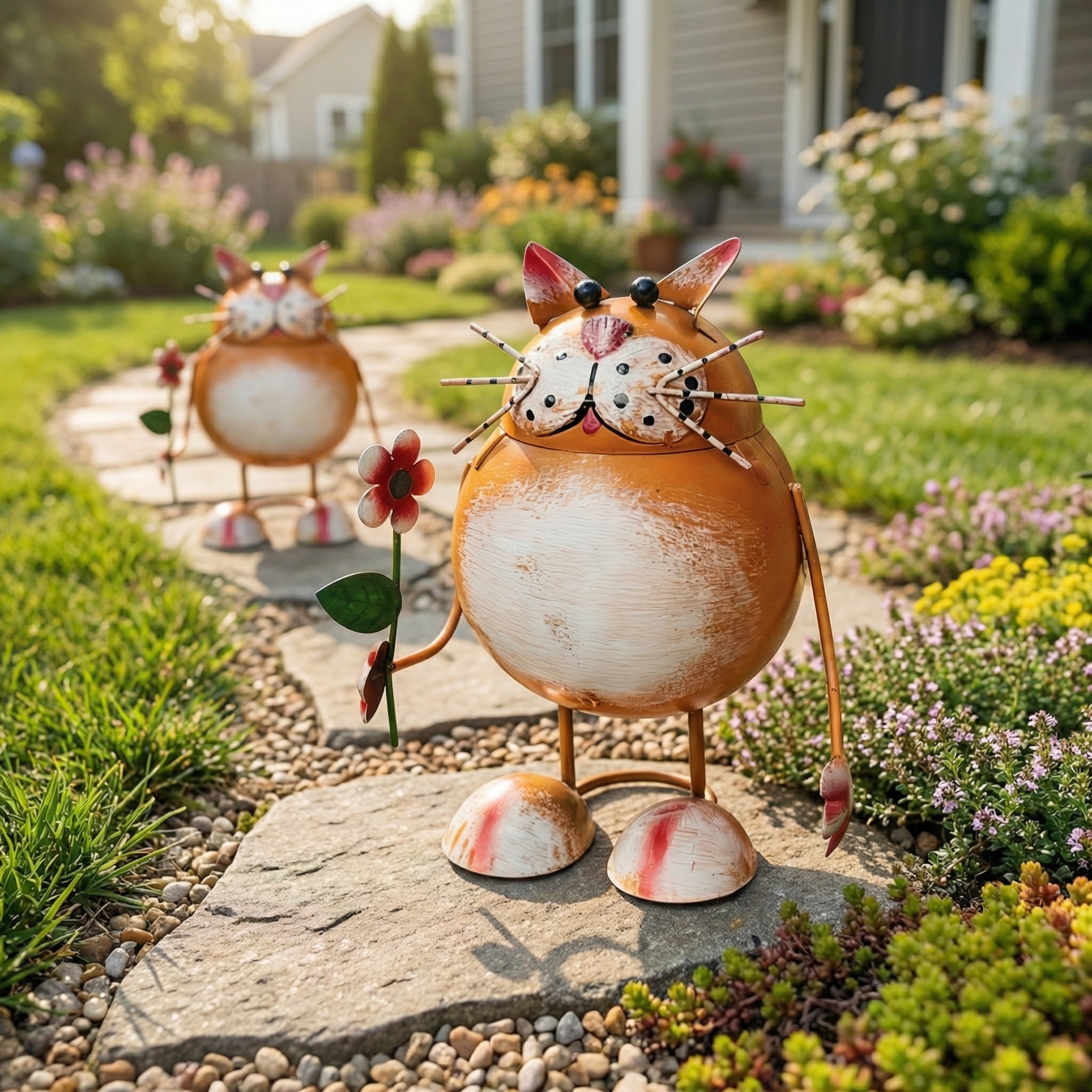 Whimsical Metal Cat Garden Statue with Flower