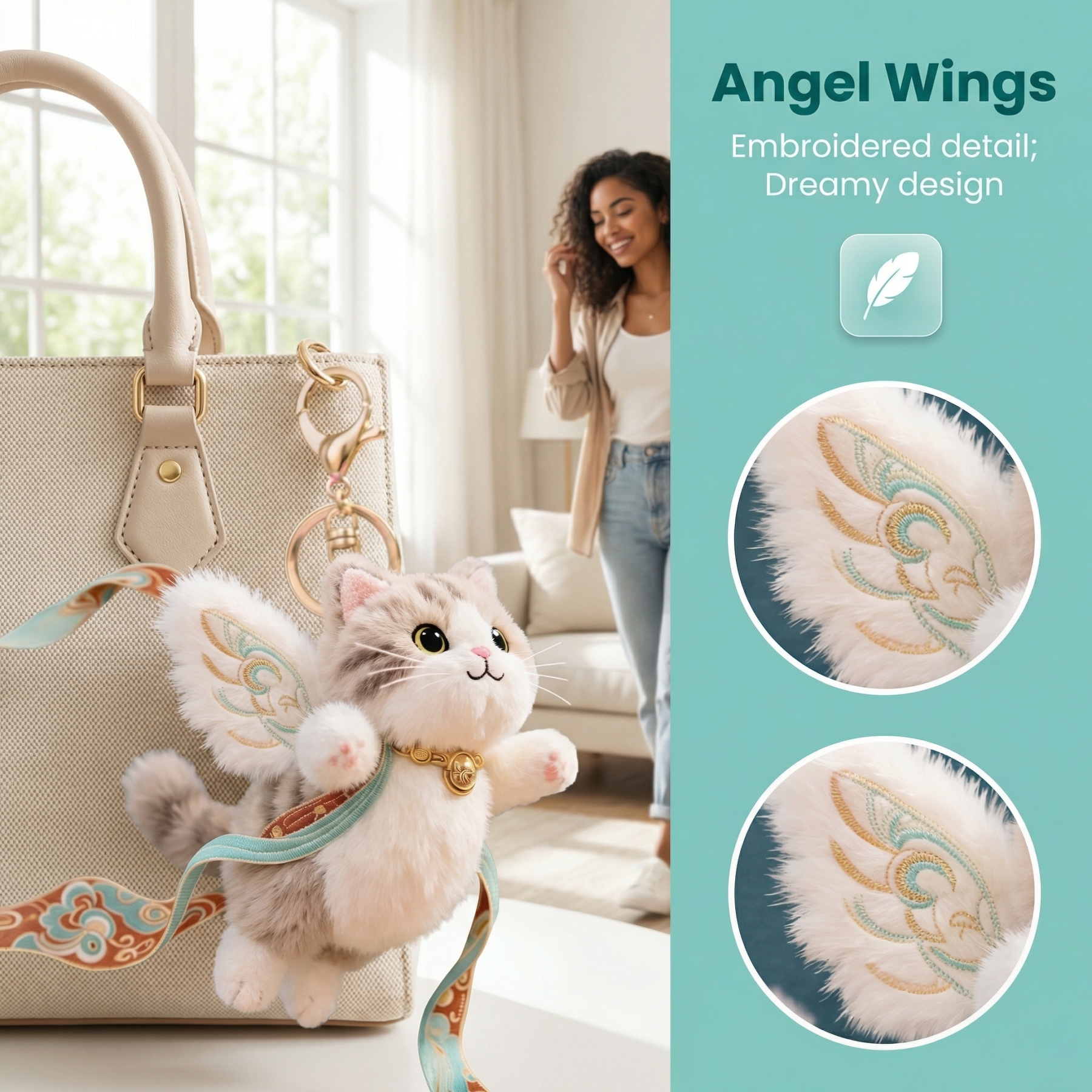 Plush Flying Cat & Nine-Color Deer Keychain with Embroidered Wings