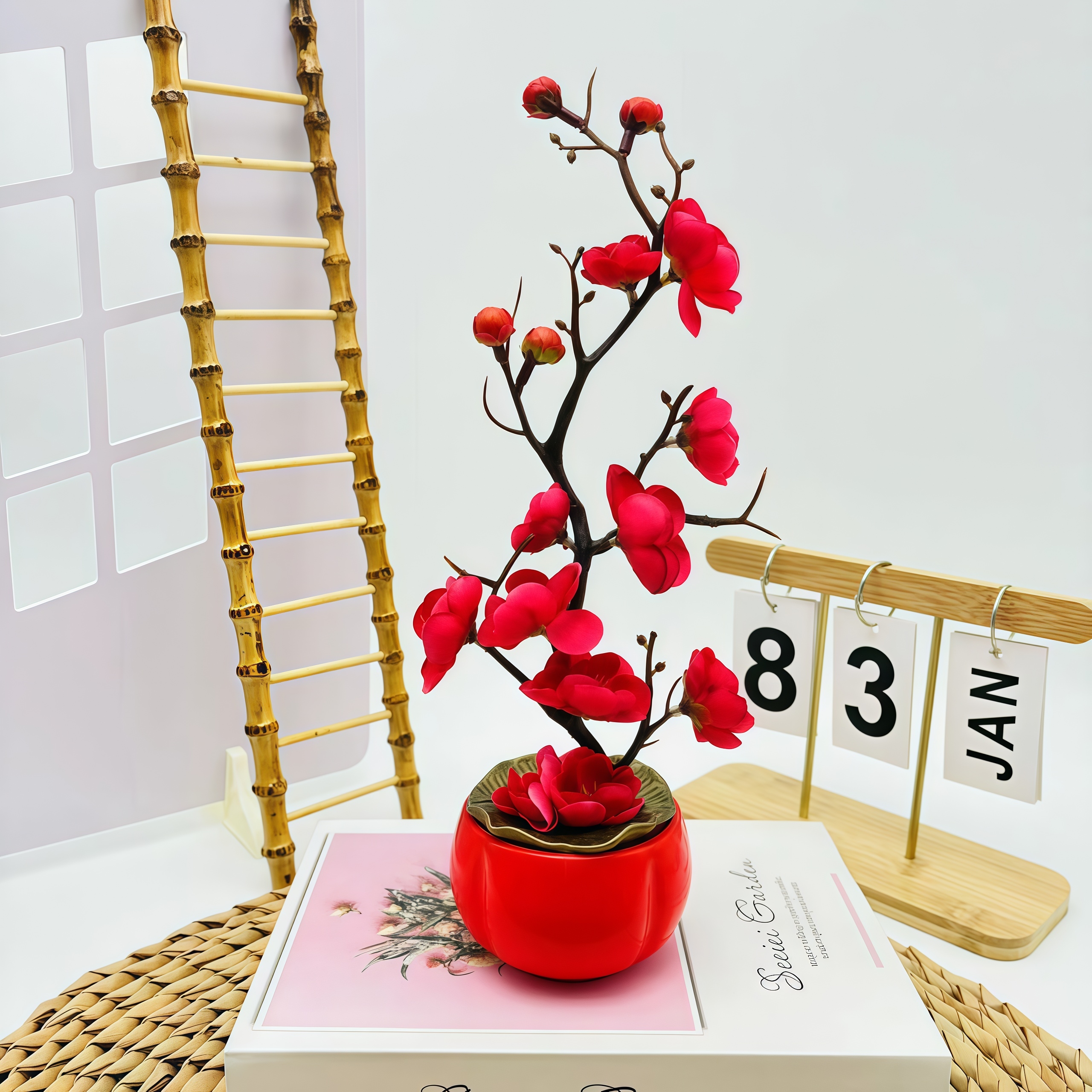 Artificial Plum Blossom Bonsai Tree in Red Pot