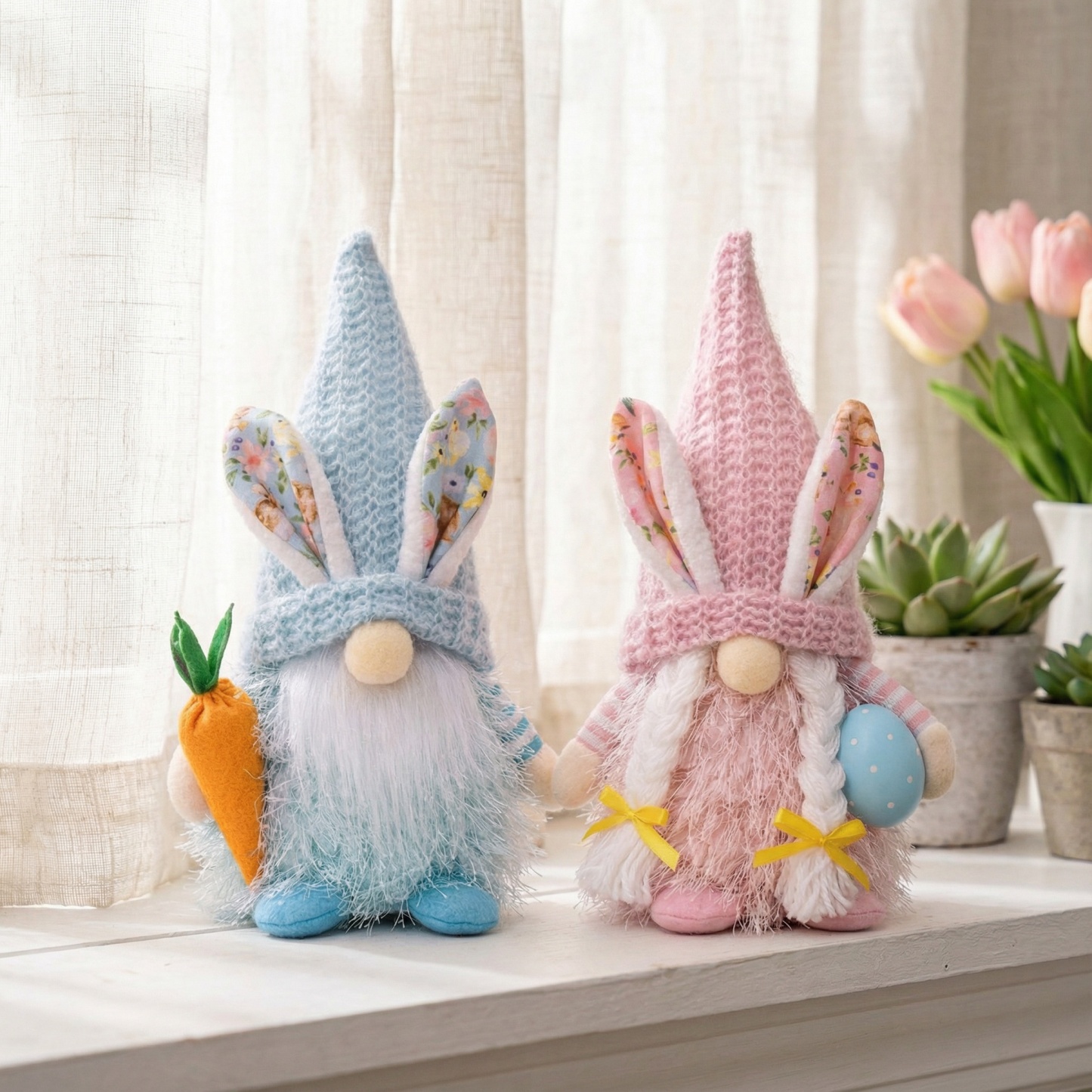 Spring Bunny Gnome Plush Figurines with Knit Hats