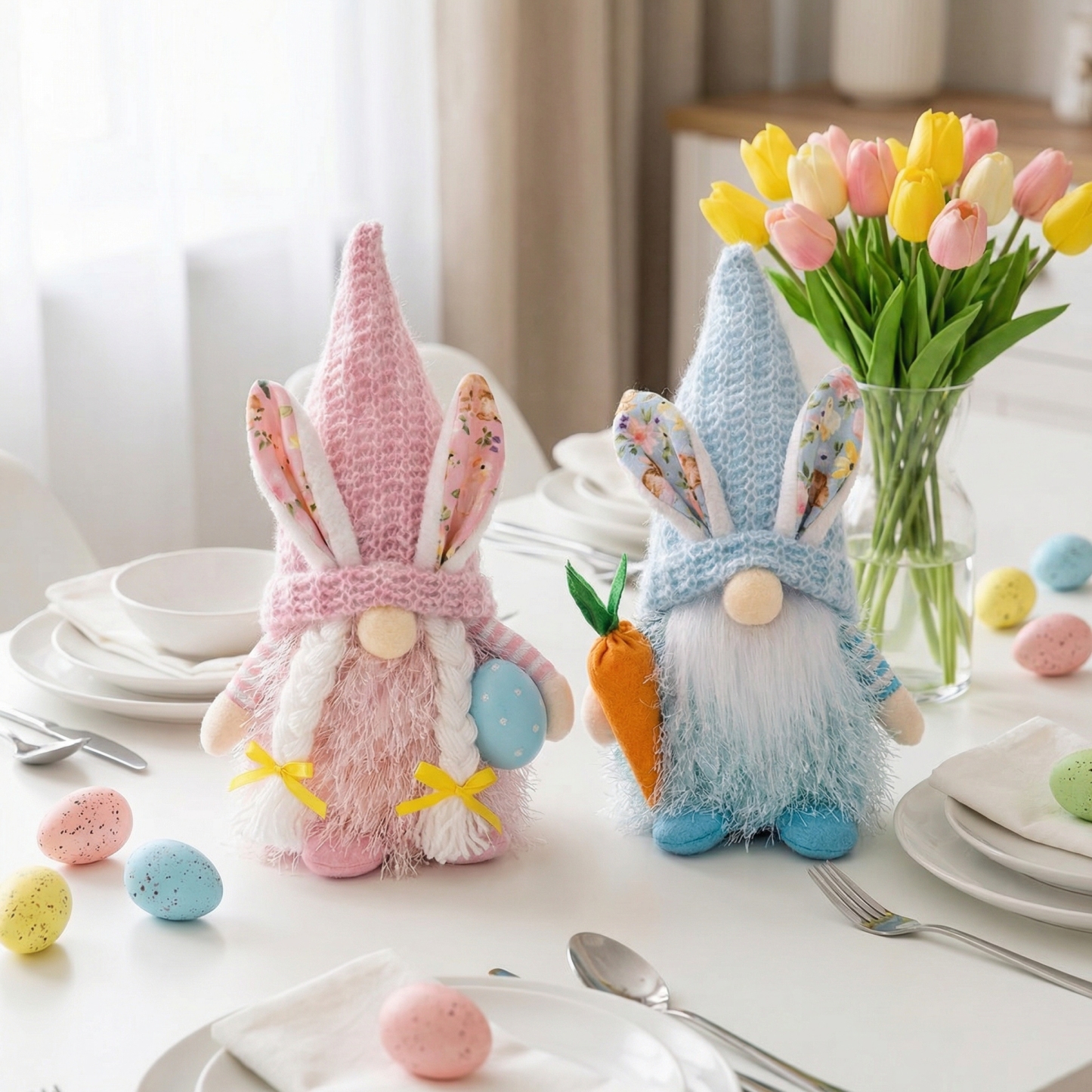 Spring Bunny Gnome Plush Figurines with Knit Hats