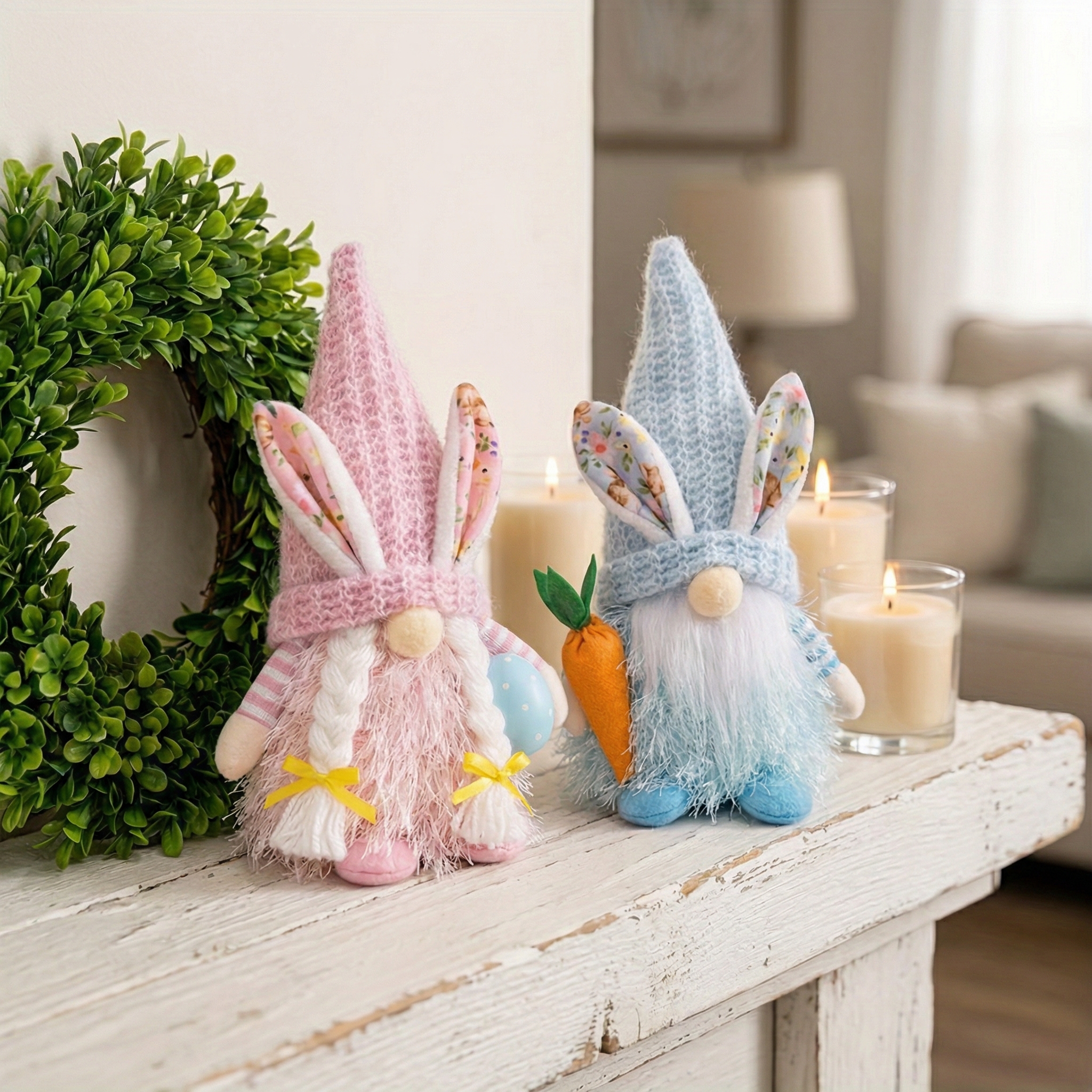 Spring Bunny Gnome Plush Figurines with Knit Hats