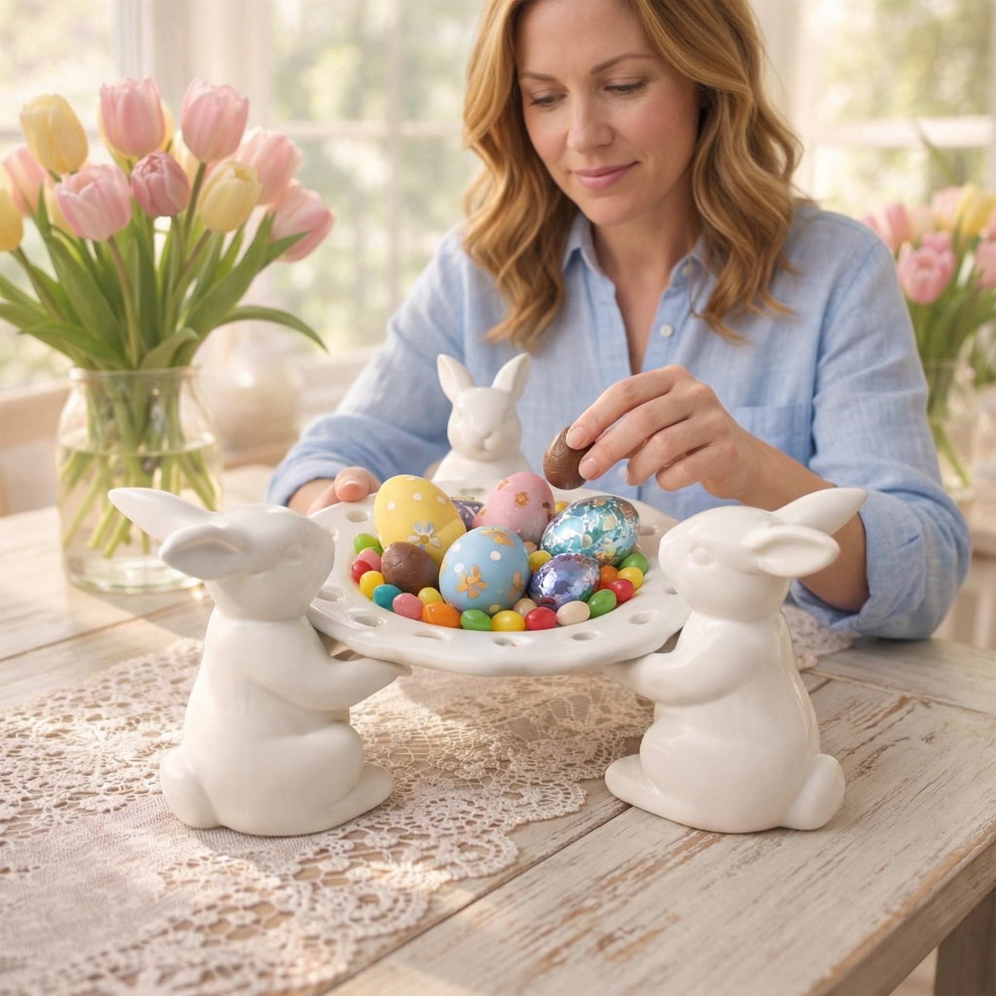 Easter Bunny Tray Centerpiece for Dining Table Decor