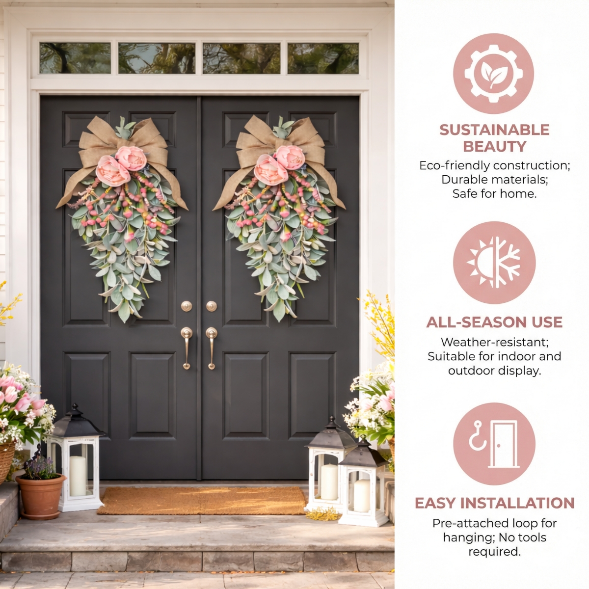Spring Teardrop Floral Door Swag with Burlap Bow