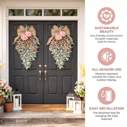 Spring Teardrop Floral Door Swag with Burlap Bow