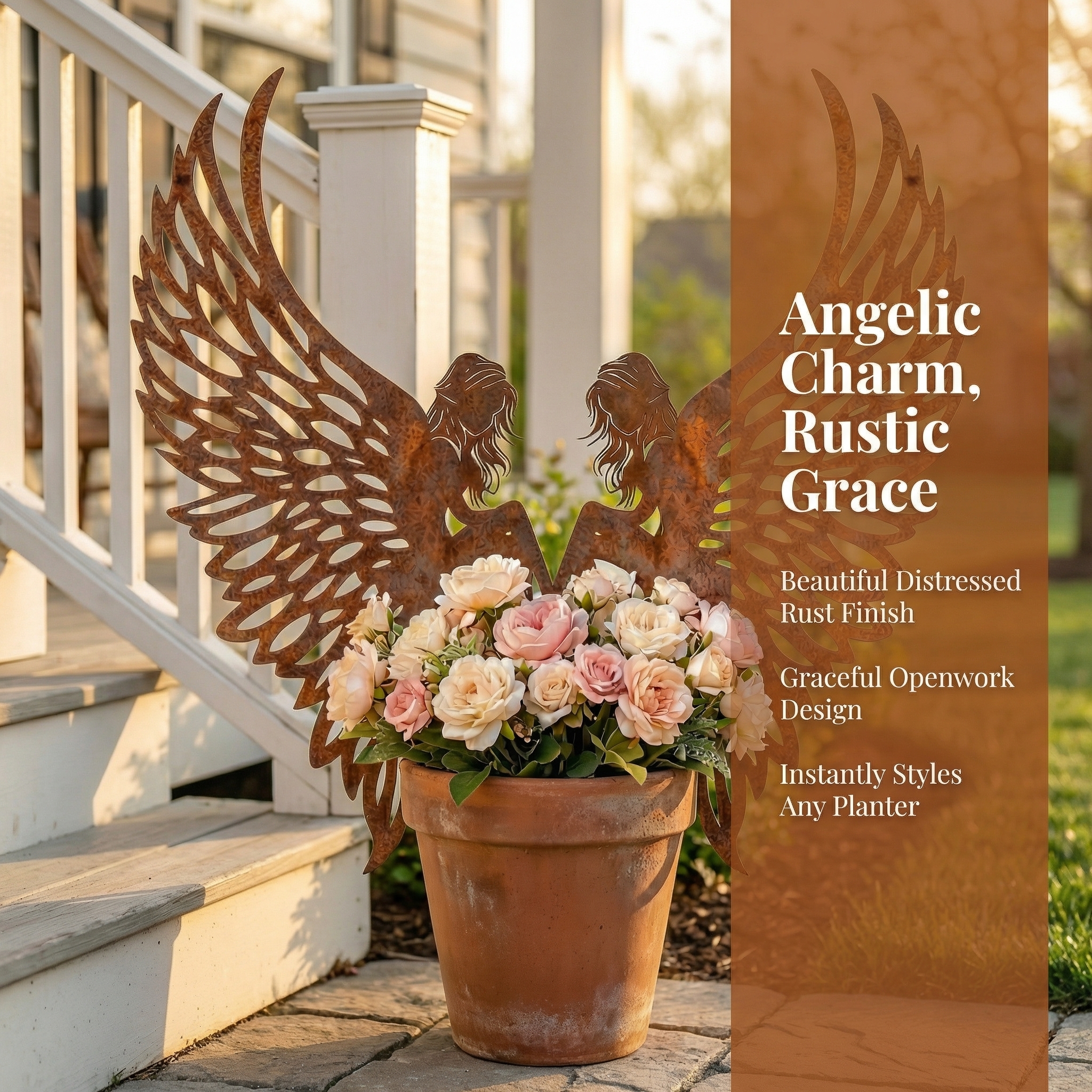 Distressed Rust Metal Angel Wing Planter Accent Pair