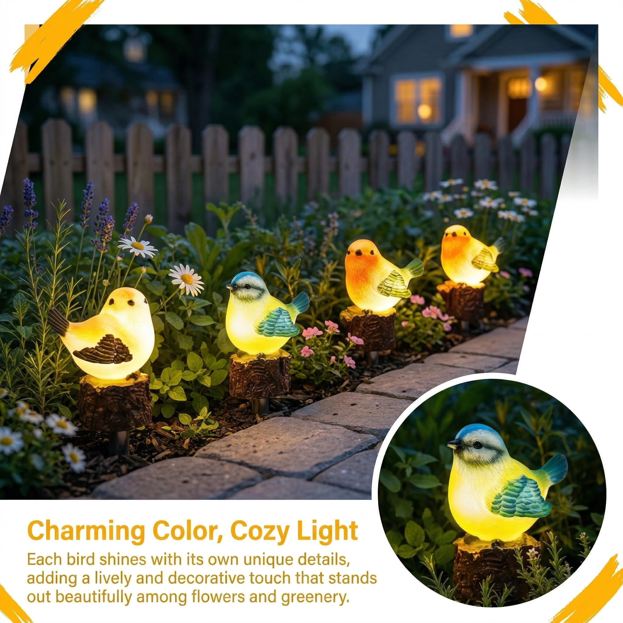 Solar Glowing Bird Garden Stakes – Set of 4