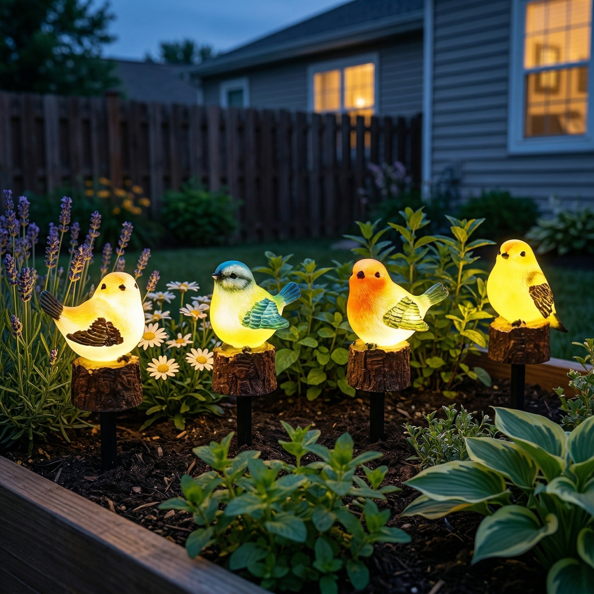 Solar Glowing Bird Garden Stakes – Set of 4
