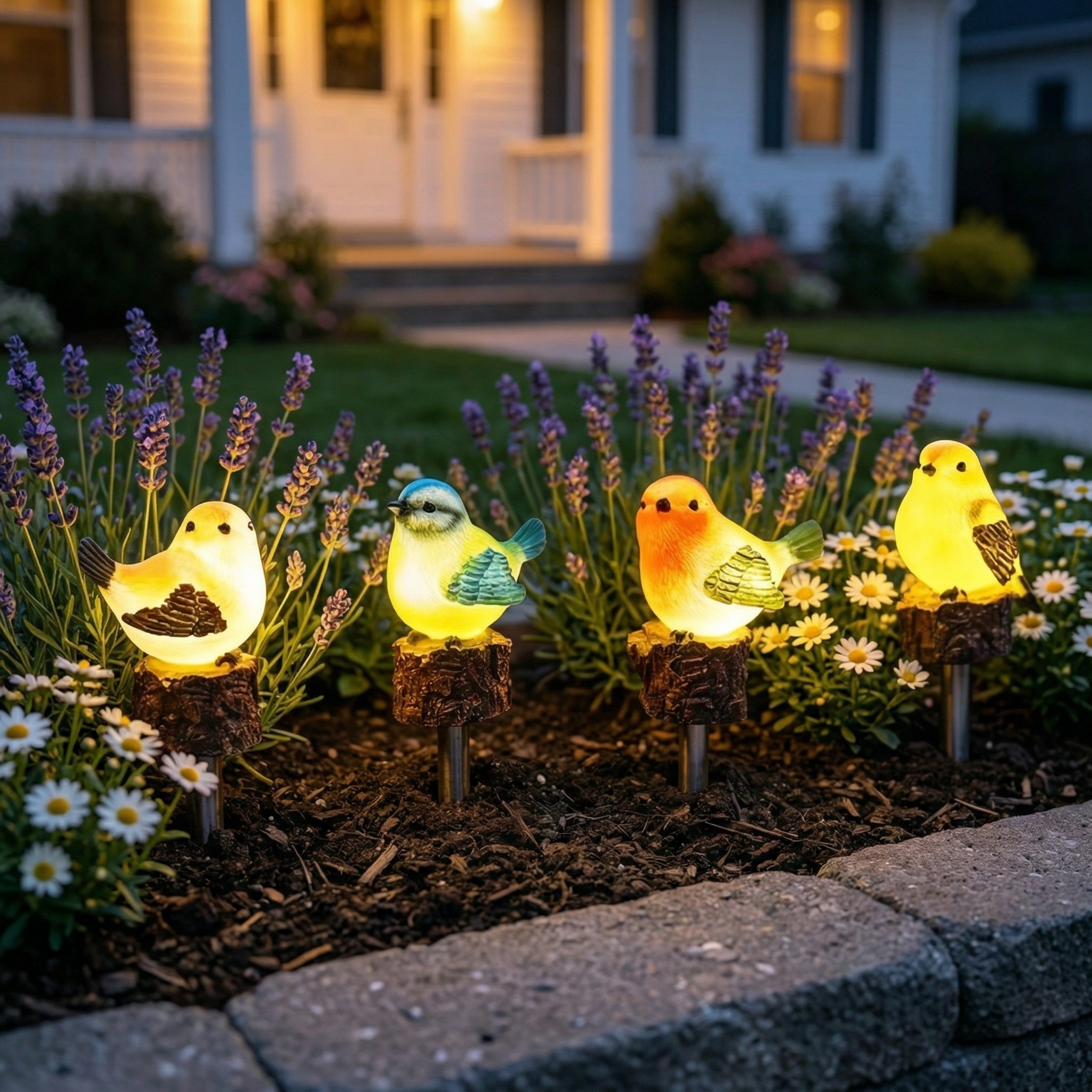 Solar Glowing Bird Garden Stakes – Set of 4