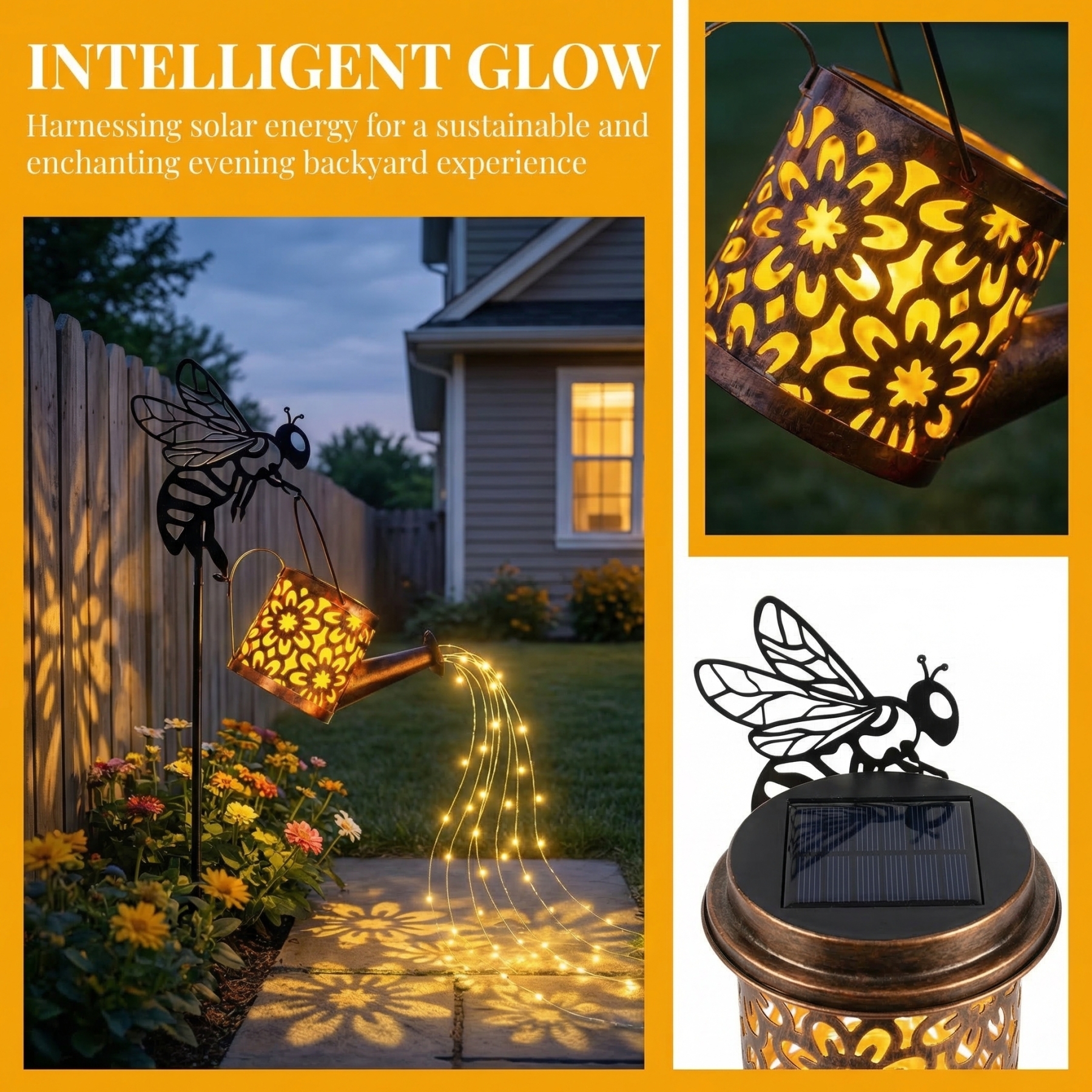 Bee Watering Can Solar Garden Light – Glowing Water Stream Decor