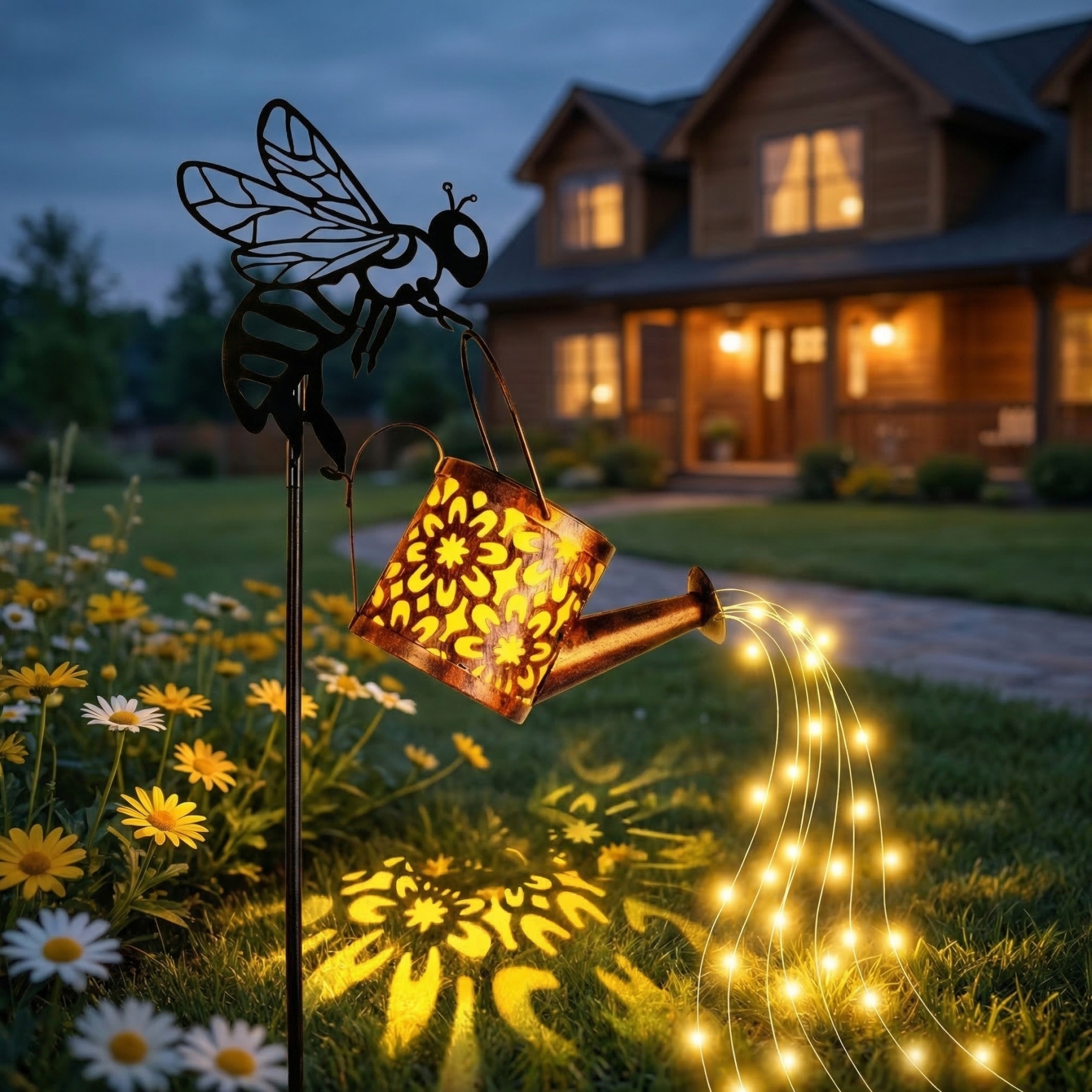 Bee Watering Can Solar Garden Light – Glowing Water Stream Decor