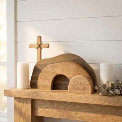 He Is Risen Wooden Cross & Empty Tomb Display