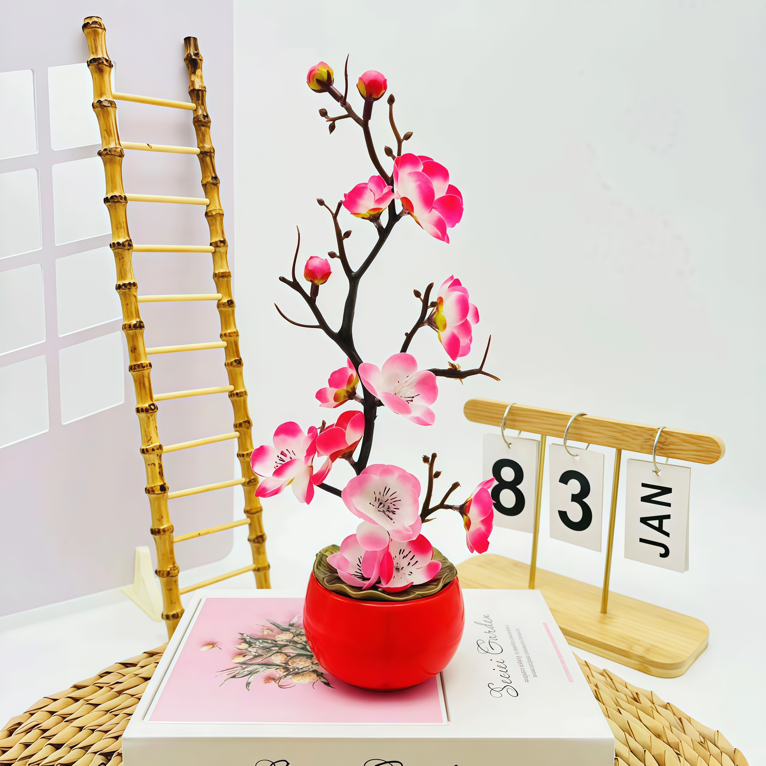 Artificial Plum Blossom Bonsai Tree in Red Pot