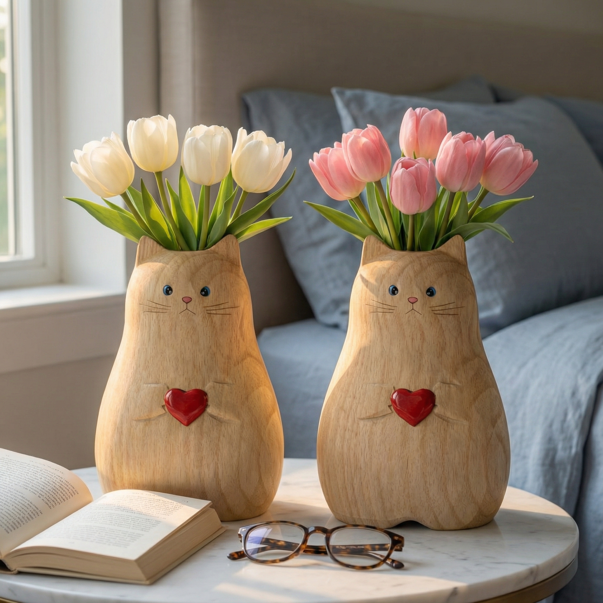 Cat Shaped Flower Vase with Red Heart