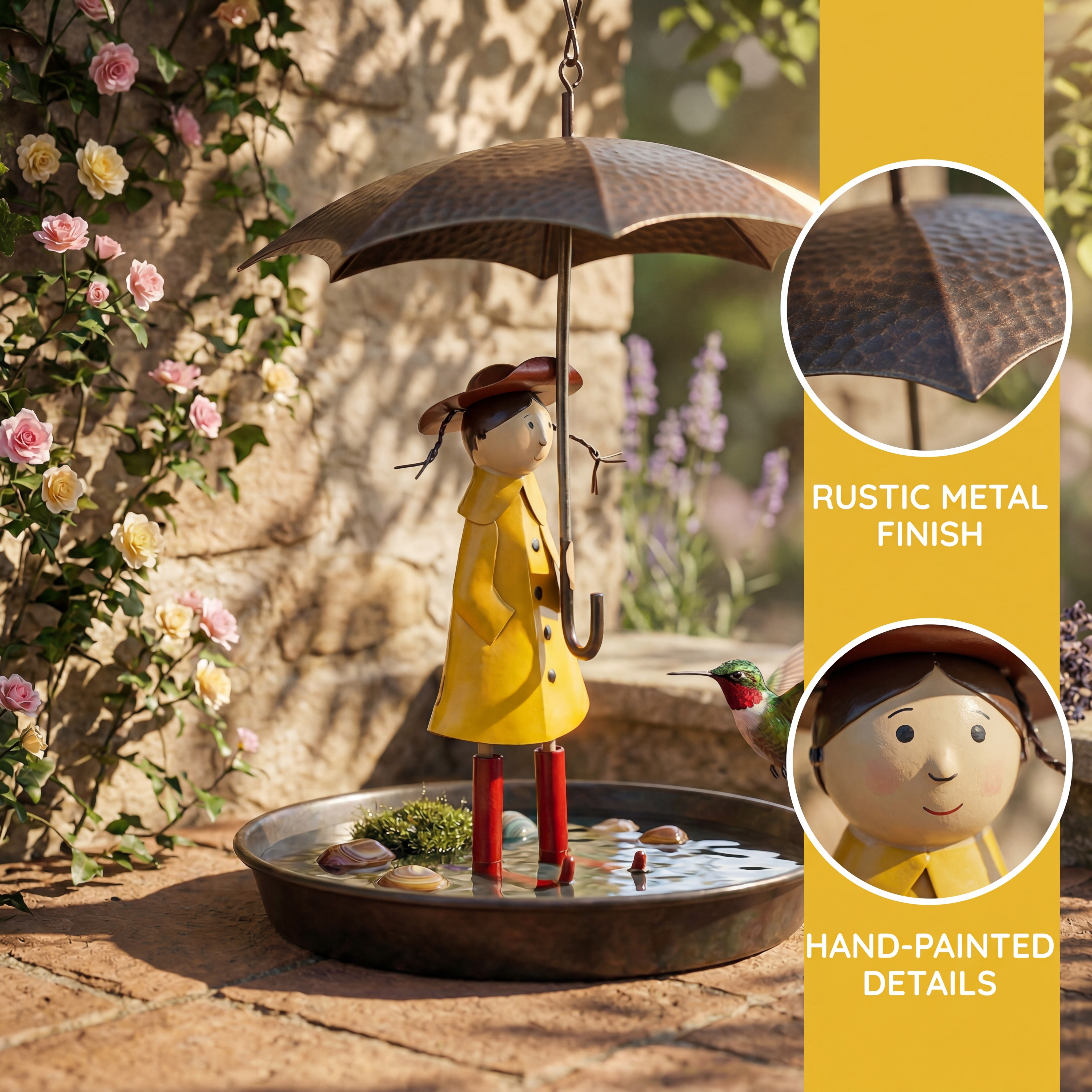 Whimsical Raincoat Girl Hanging Bird Feeder & Bird Bath