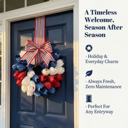Patriotic Tulip Wreath with Striped Bow
