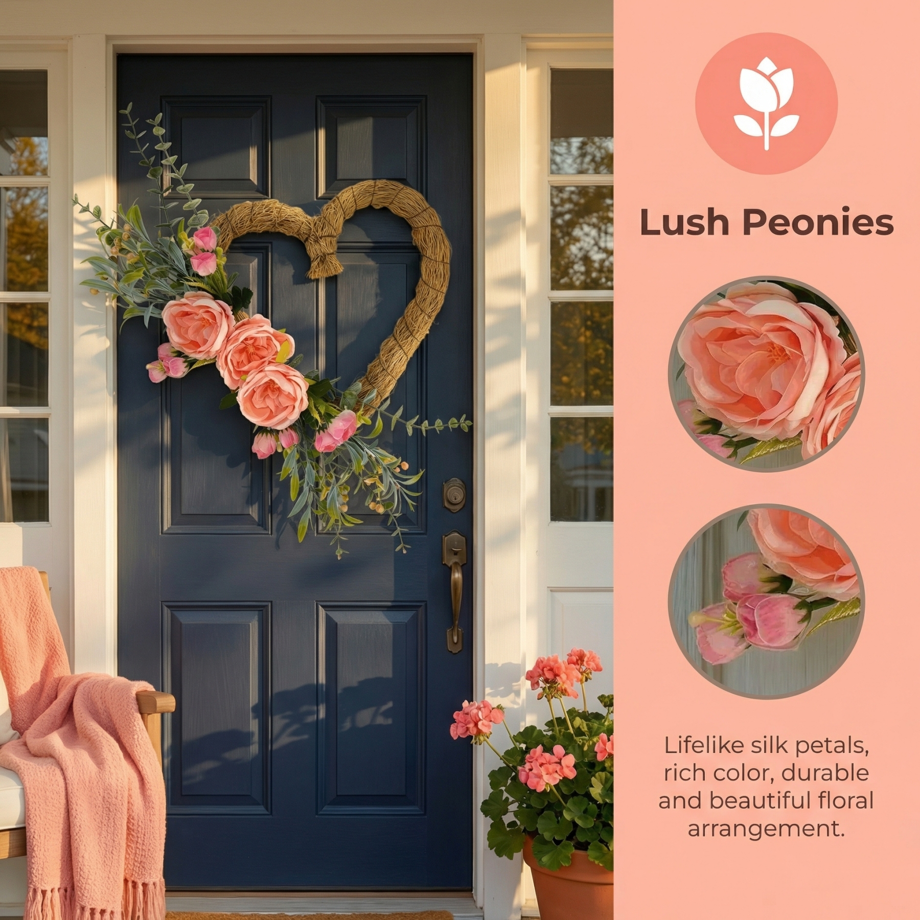 Handmade Heart-Shaped Rattan Wreath with Silk Peony Flowers