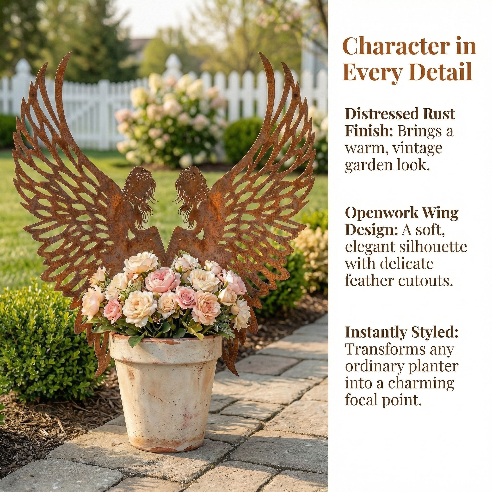 Distressed Rust Metal Angel Wing Planter Accent Pair