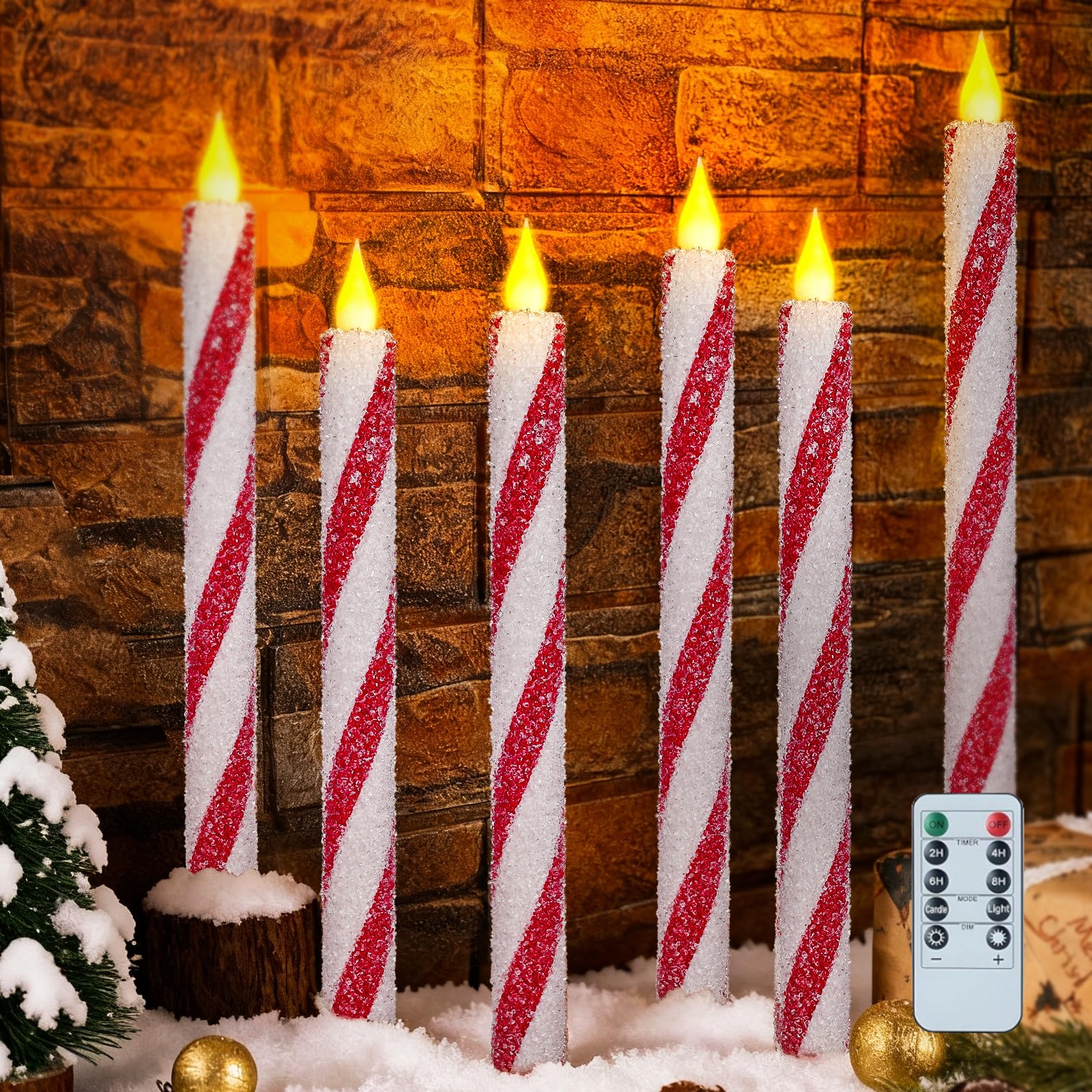 6 Pack Christmas Candy Cane Flameless Flickering Taper Candles with Remote Control