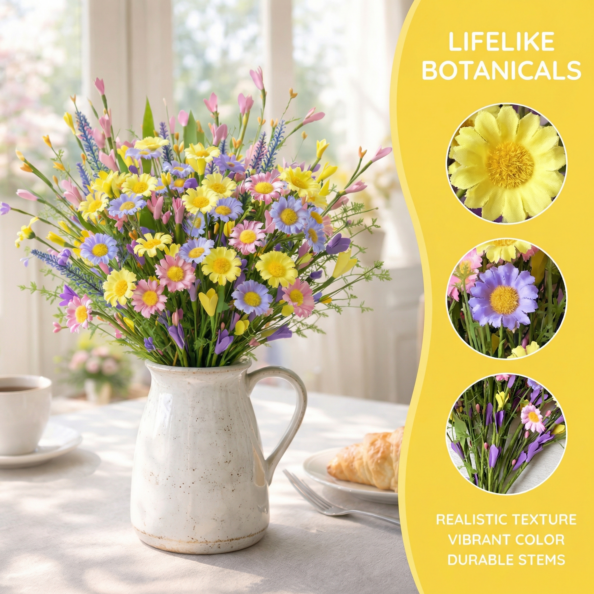 Artificial Daisy Flower Stems Set of 6, Farmhouse Spring Table Decor