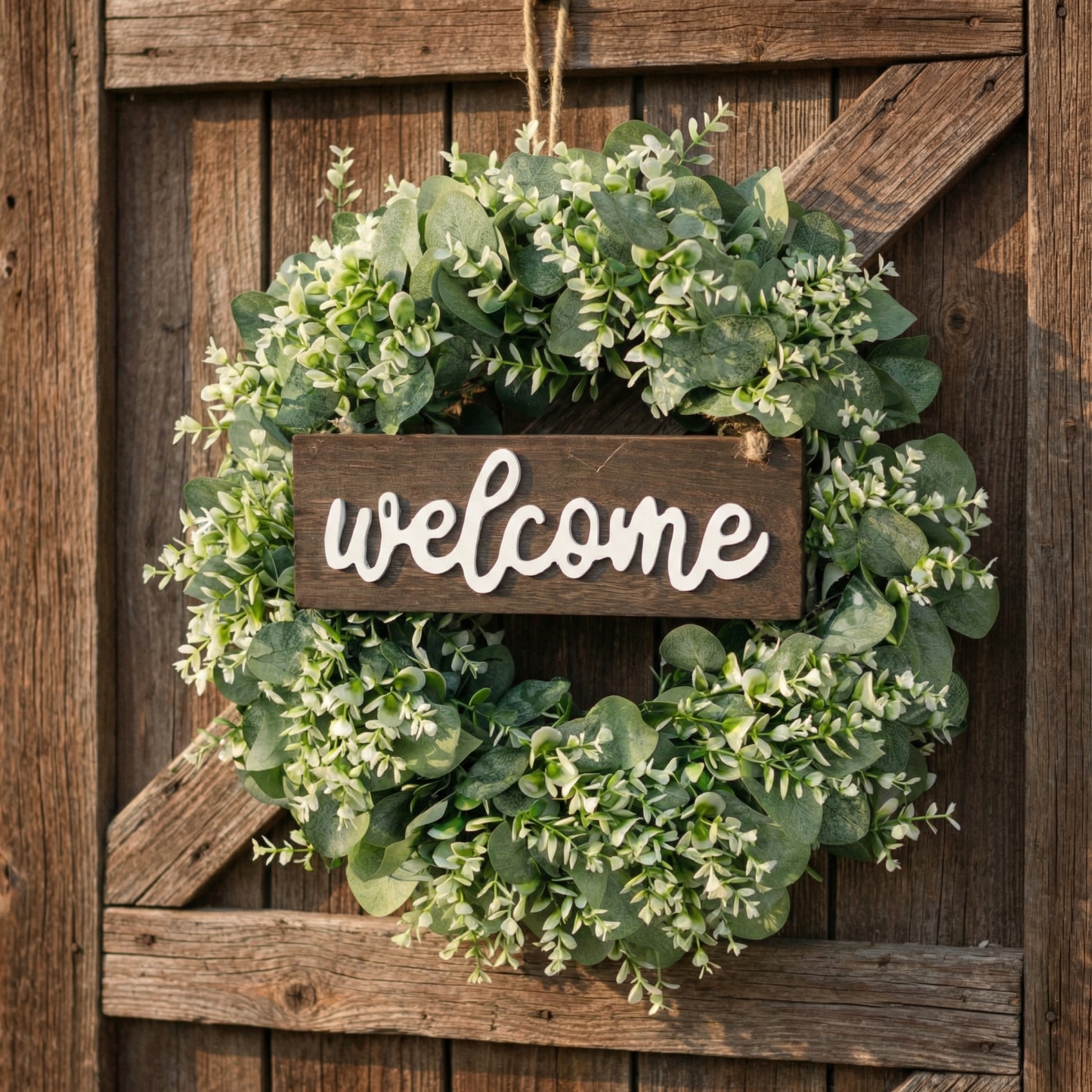 Artificial Eucalyptus Wreath with Wooden Welcome Sign