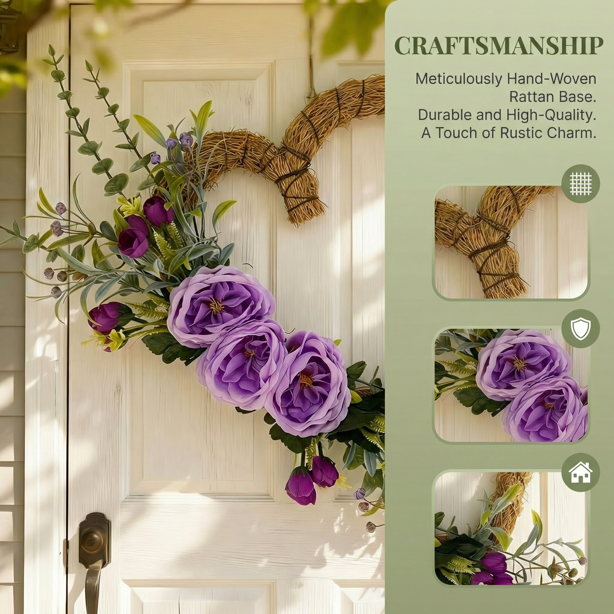 Handmade Heart-Shaped Rattan Wreath with Silk Peony Flowers